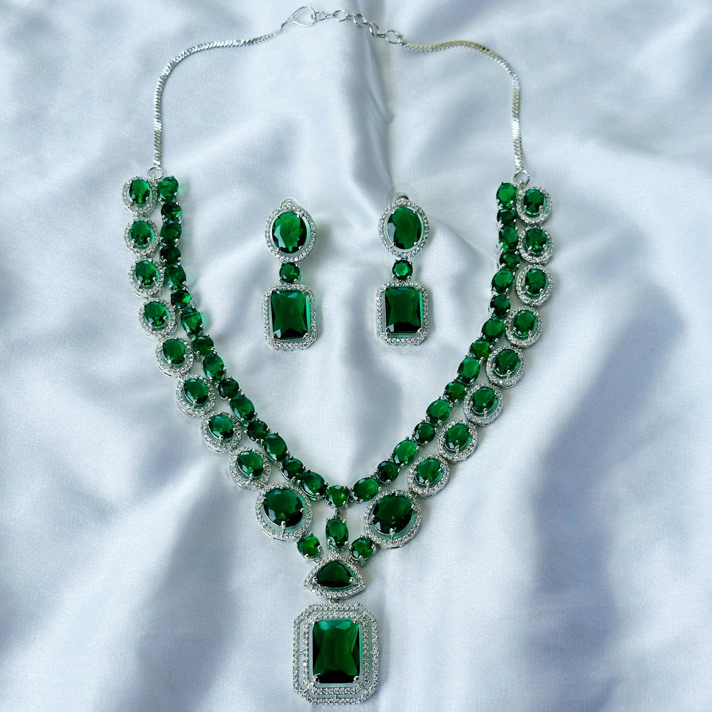 Green Emerald Cubic Zircon Stone American Diamond Silver Plated Necklace Set