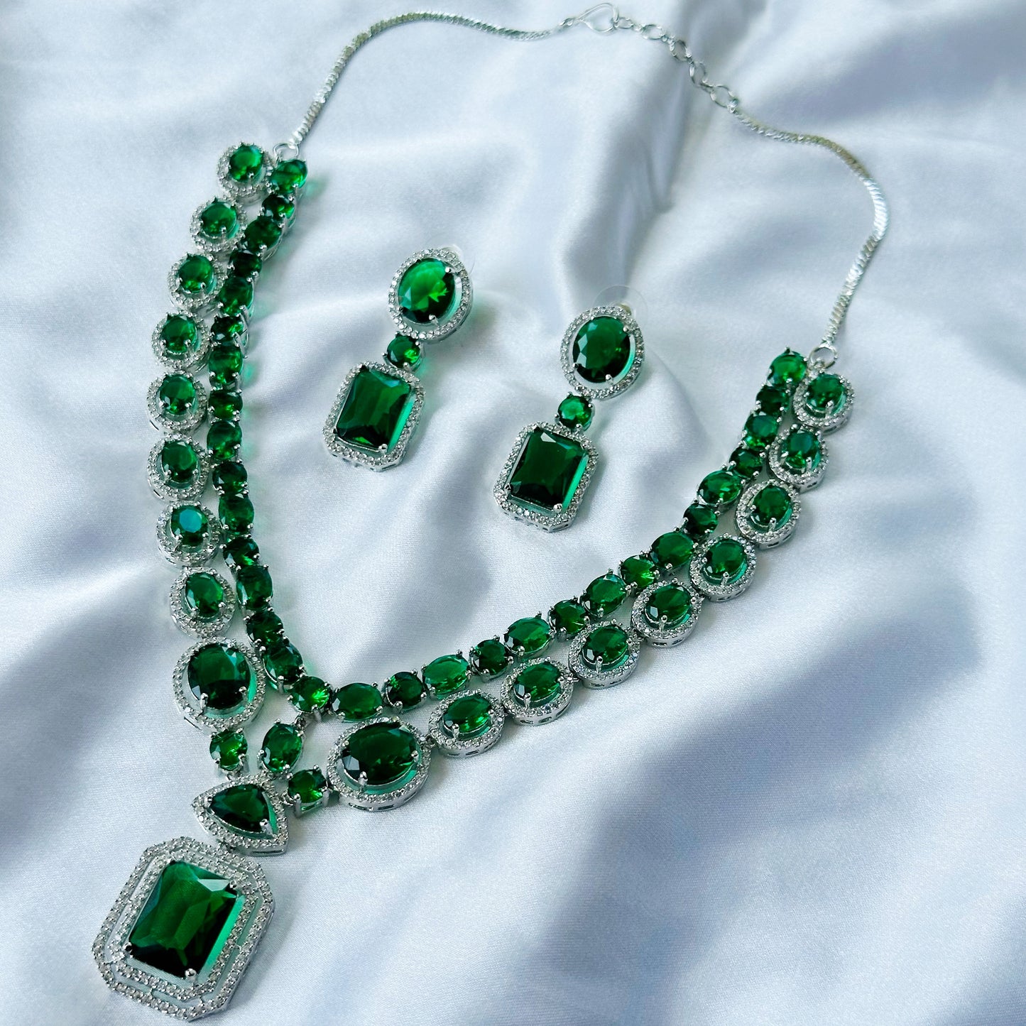 Green Emerald Cubic Zircon Stone American Diamond Silver Plated Necklace Set