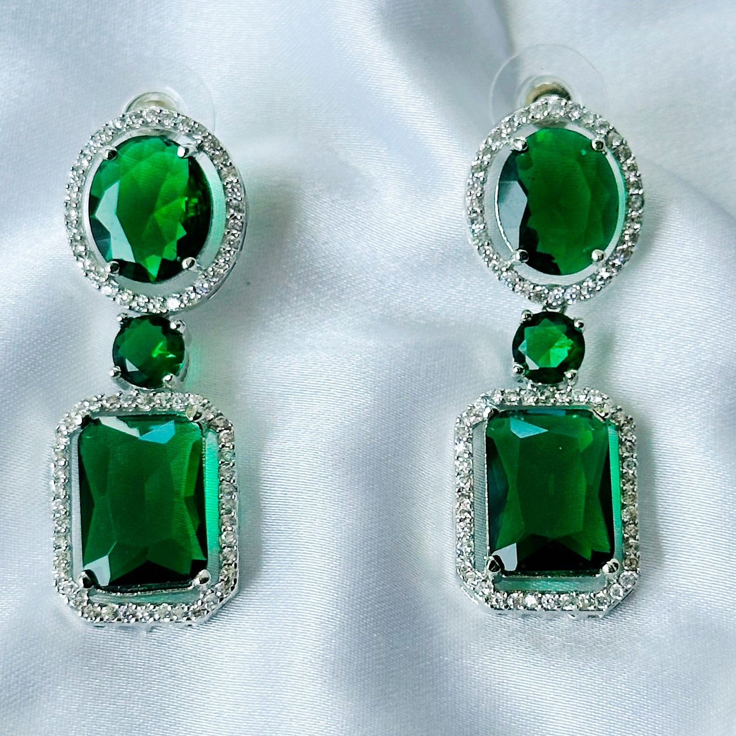 Green Emerald Cubic Zircon Stone American Diamond Silver Plated Necklace Set