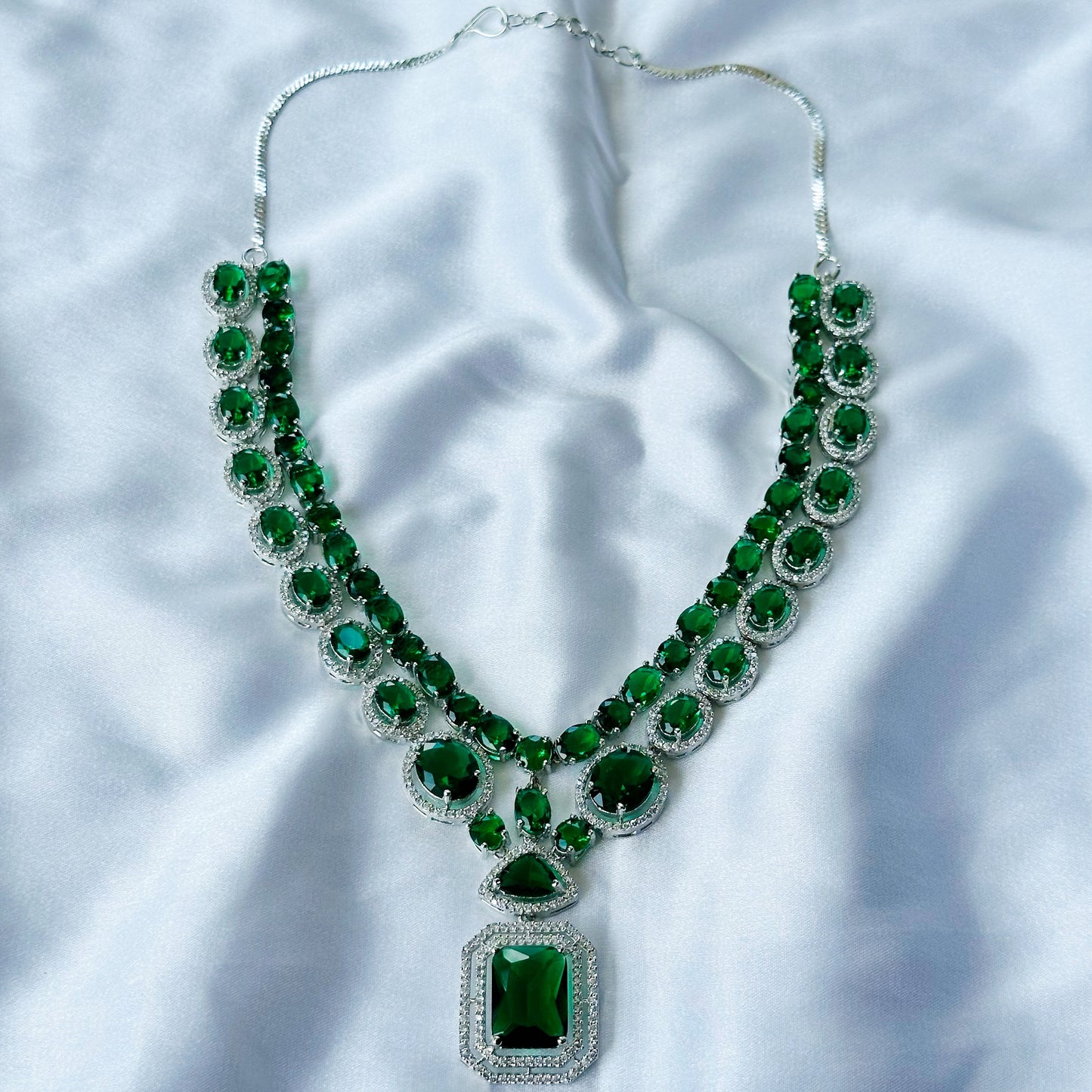 Green Emerald Cubic Zircon Stone American Diamond Silver Plated Necklace Set