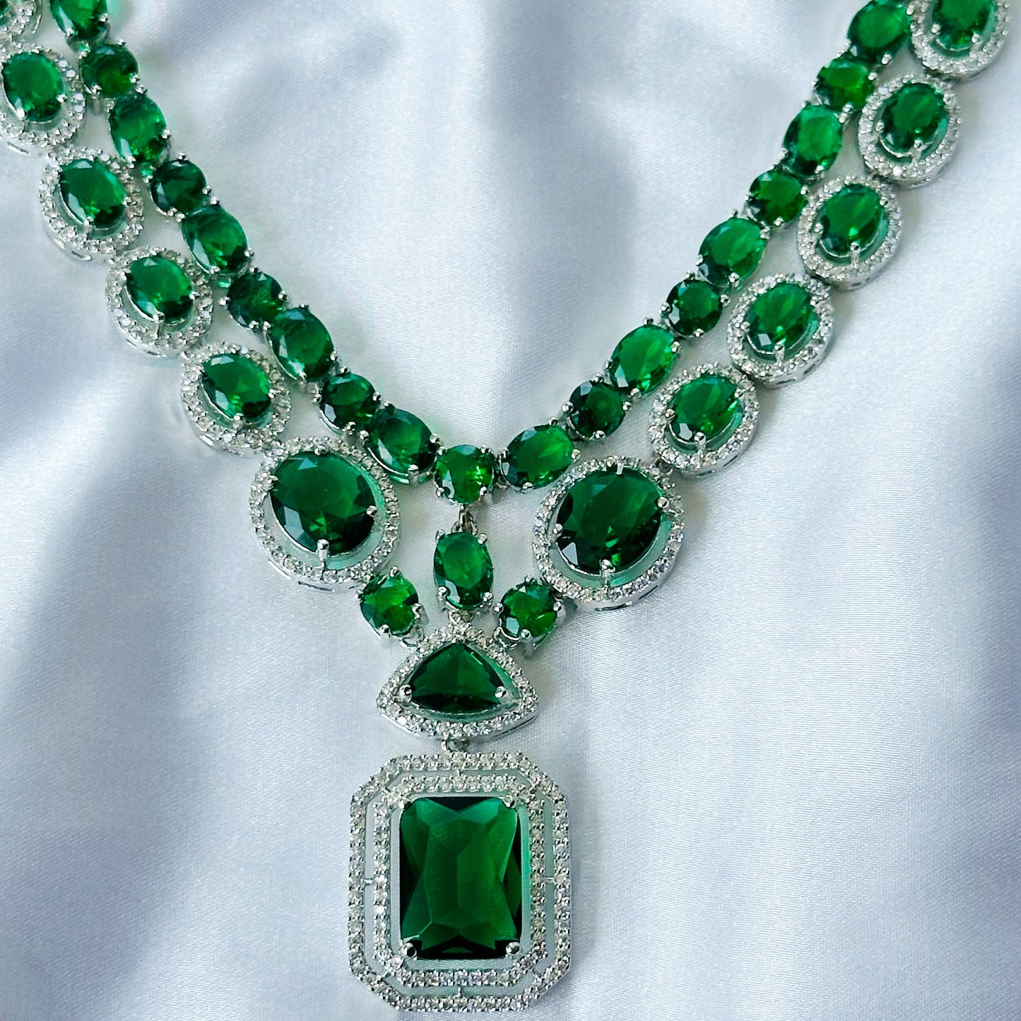 Green Emerald Cubic Zircon Stone American Diamond Silver Plated Necklace Set