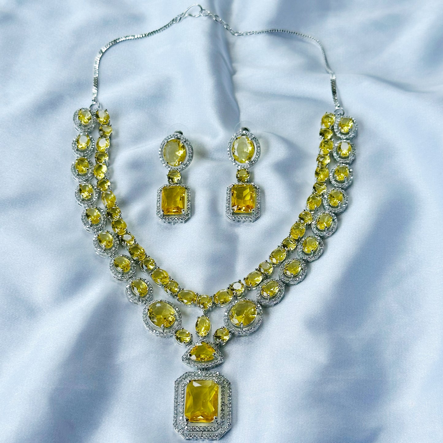 Yellow Topaz Cubic Zircon Stone American Diamond Silver Plated Necklace Set