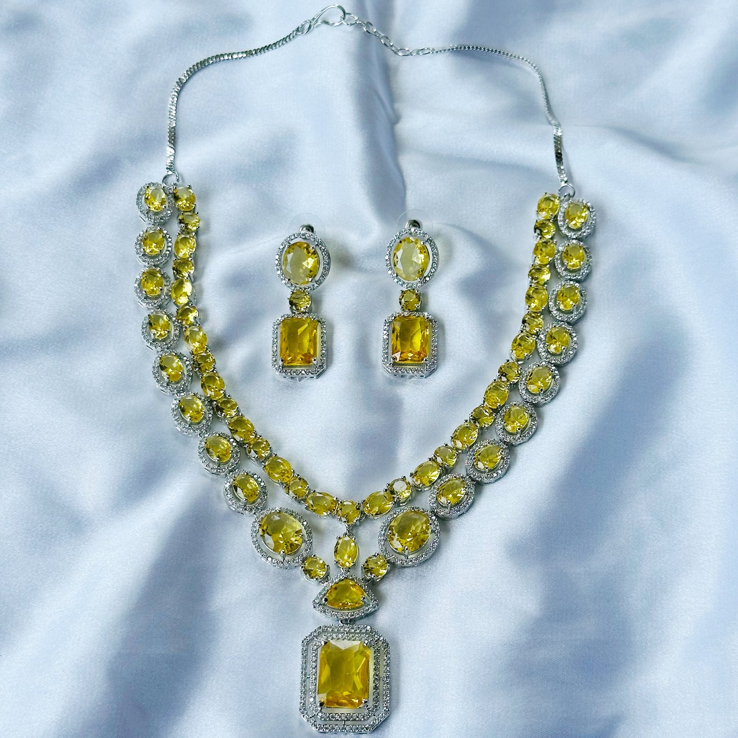Yellow Topaz Cubic Zircon Stone American Diamond Silver Plated Necklace Set