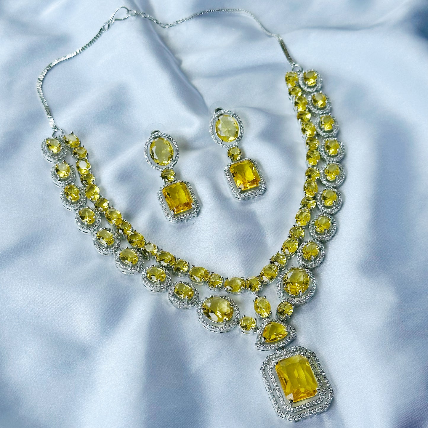 Yellow Topaz Cubic Zircon Stone American Diamond Silver Plated Necklace Set
