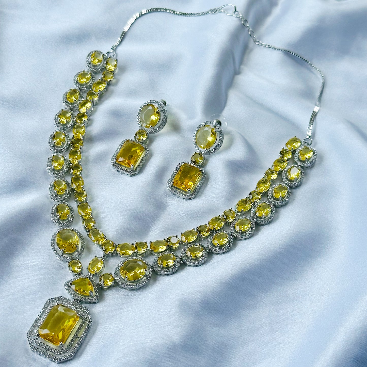 Yellow Topaz Cubic Zircon Stone American Diamond Silver Plated Necklace Set