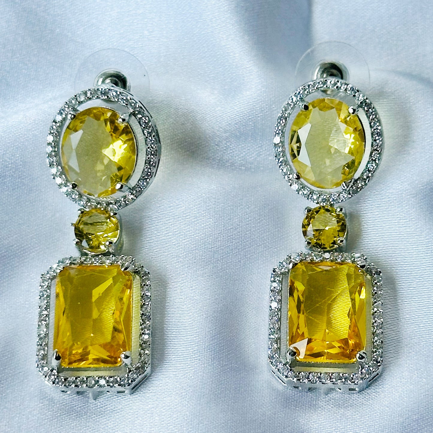 Yellow Topaz Cubic Zircon Stone American Diamond Silver Plated Necklace Set