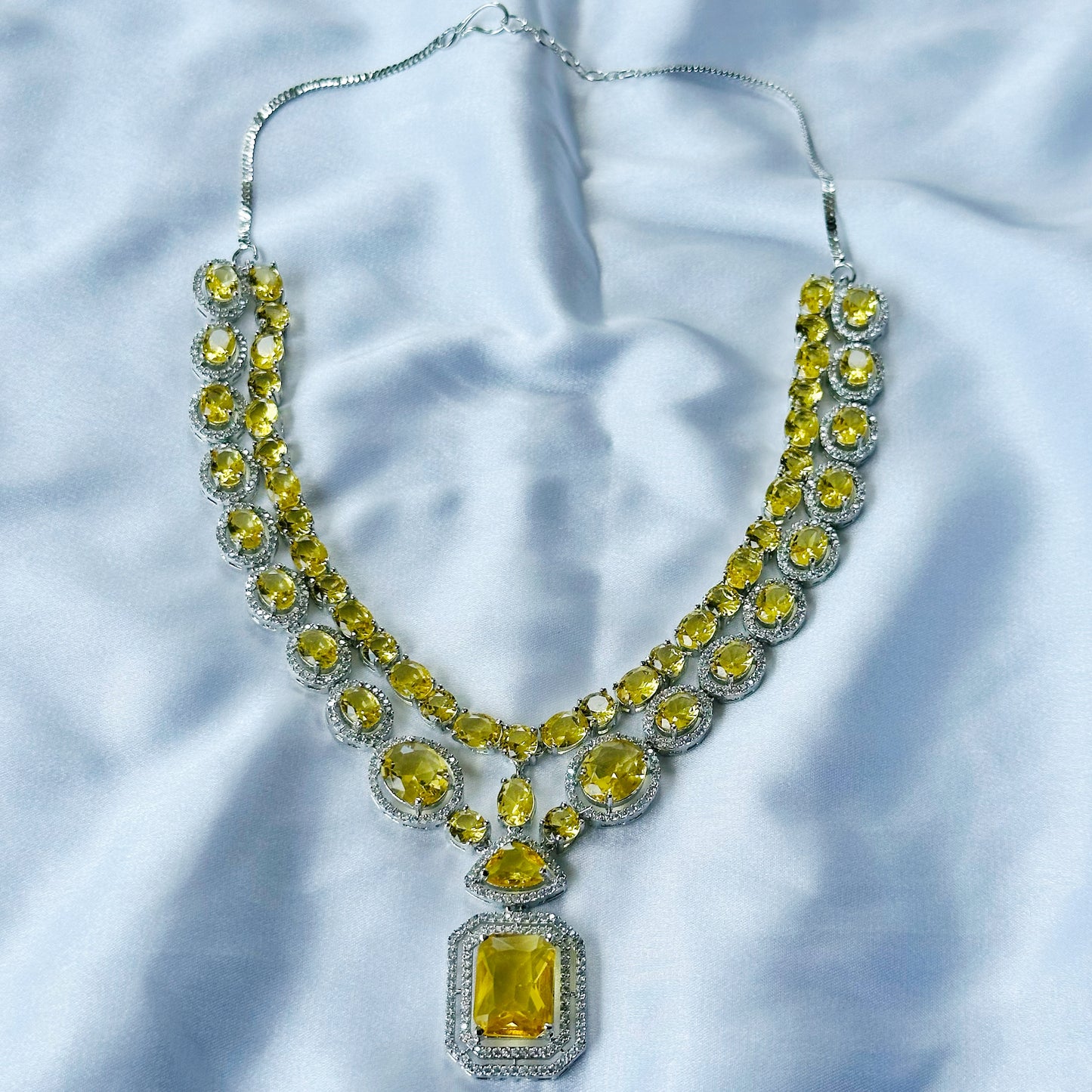 Yellow Topaz Cubic Zircon Stone American Diamond Silver Plated Necklace Set