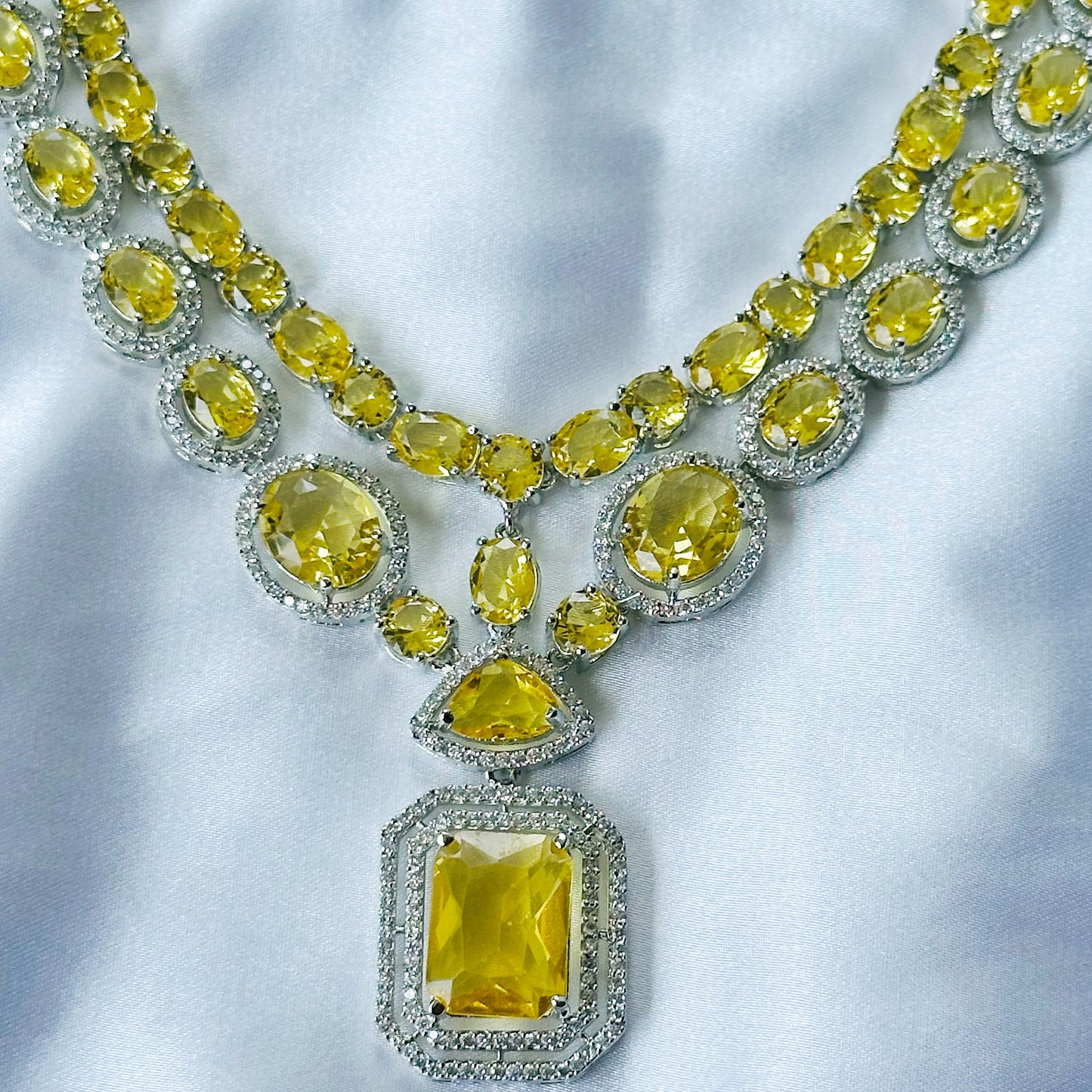 Yellow Topaz Cubic Zircon Stone American Diamond Silver Plated Necklace Set