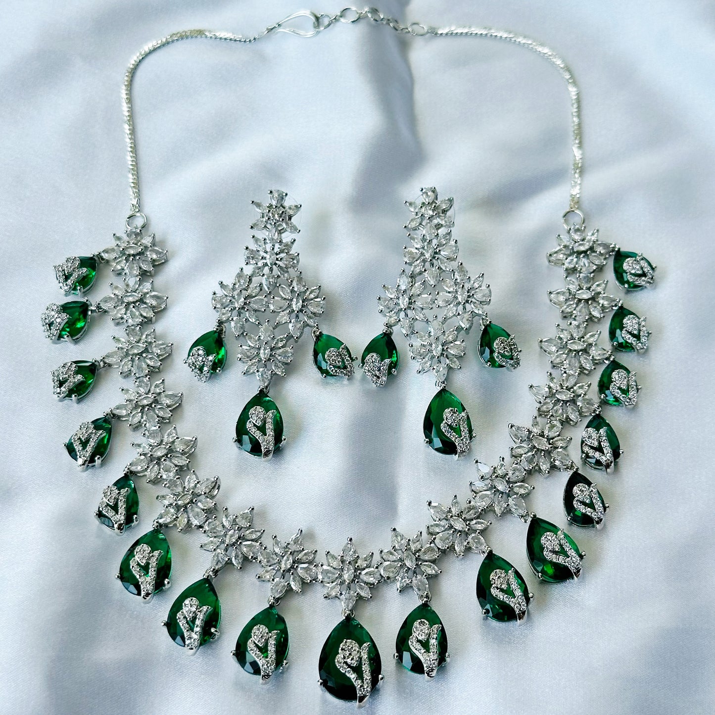 Green Emerald Cubic Zircon Stone American Diamond Silver Plated Necklace Set