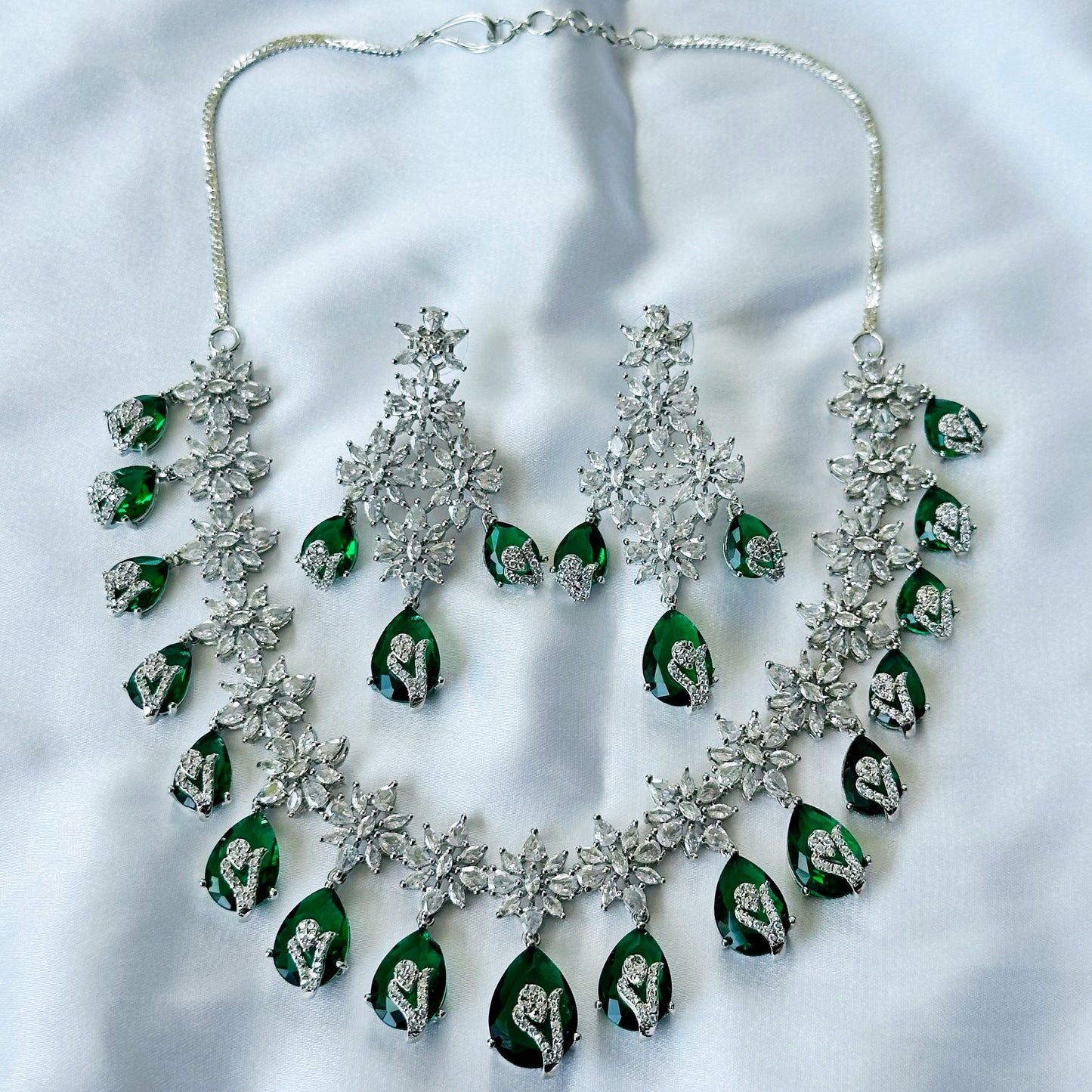 Green Emerald Cubic Zircon Stone American Diamond Silver Plated Necklace Set