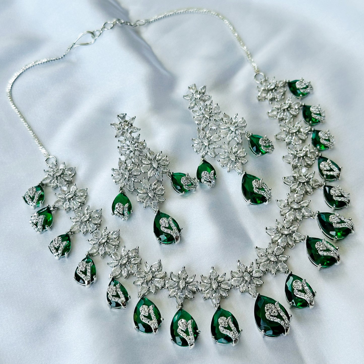 Green Emerald Cubic Zircon Stone American Diamond Silver Plated Necklace Set