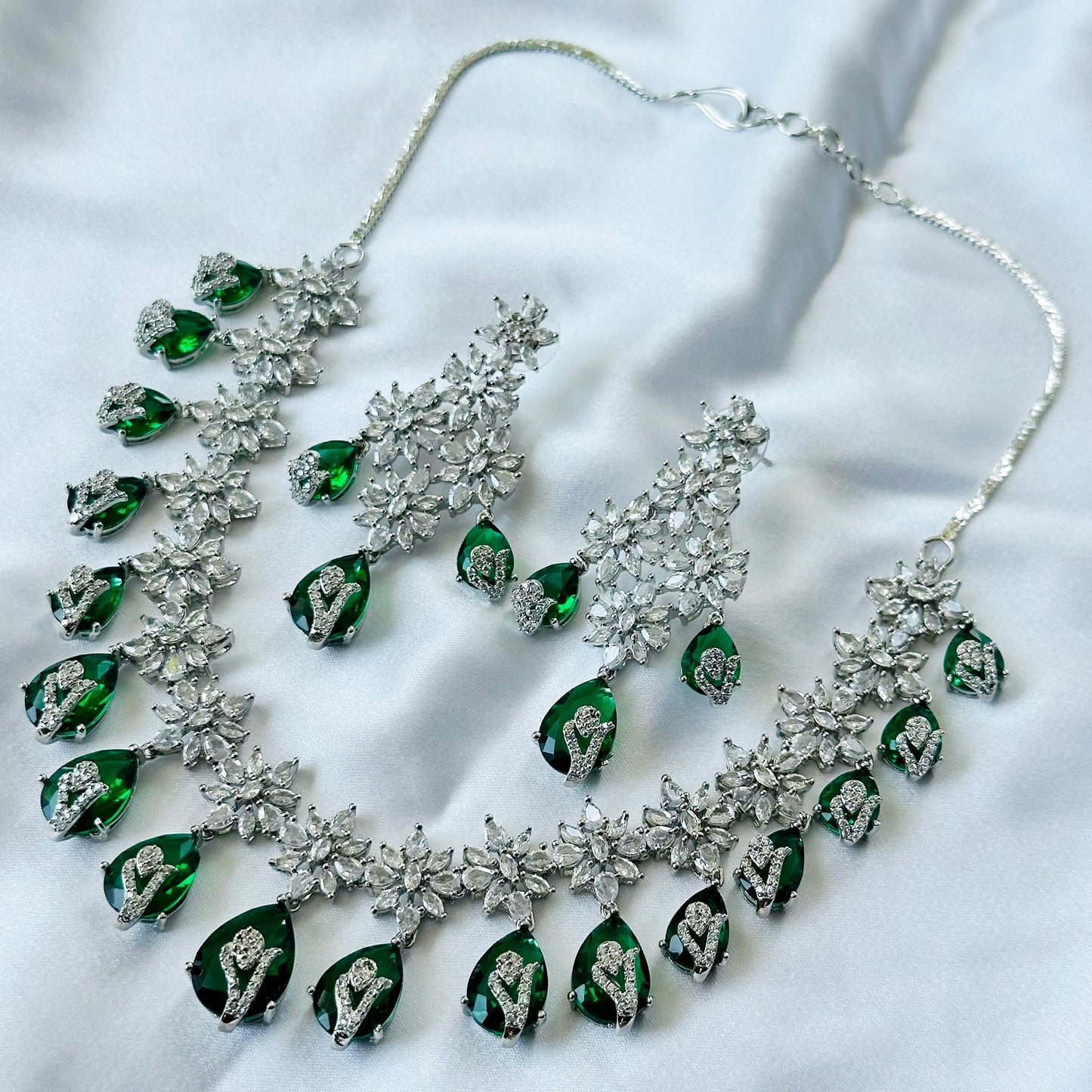 Green Emerald Cubic Zircon Stone American Diamond Silver Plated Necklace Set