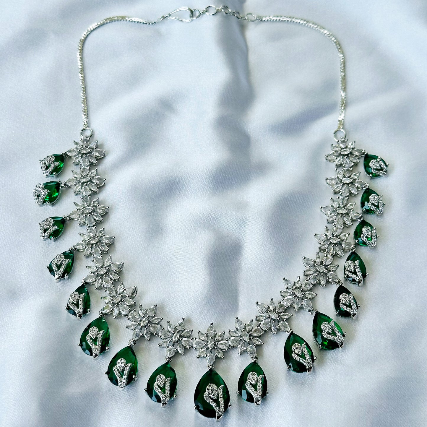 Green Emerald Cubic Zircon Stone American Diamond Silver Plated Necklace Set
