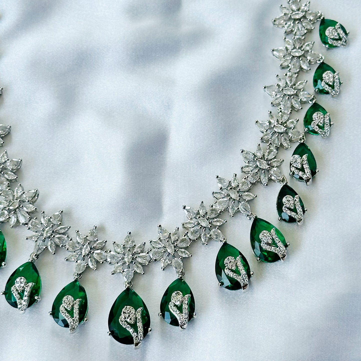Green Emerald Cubic Zircon Stone American Diamond Silver Plated Necklace Set