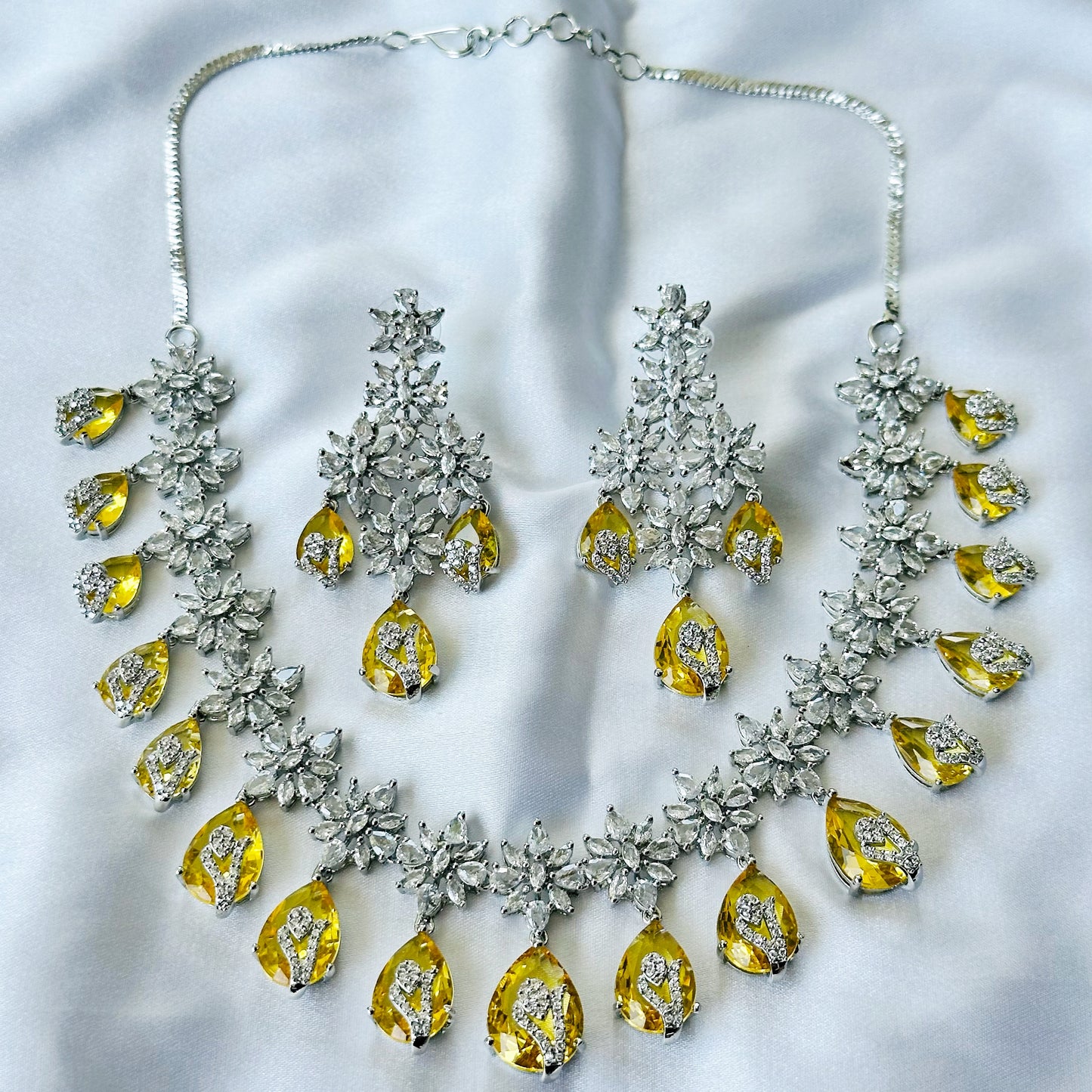 Yellow Topaz Cubic Zircon Stone American Diamond Silver Plated Necklace Set