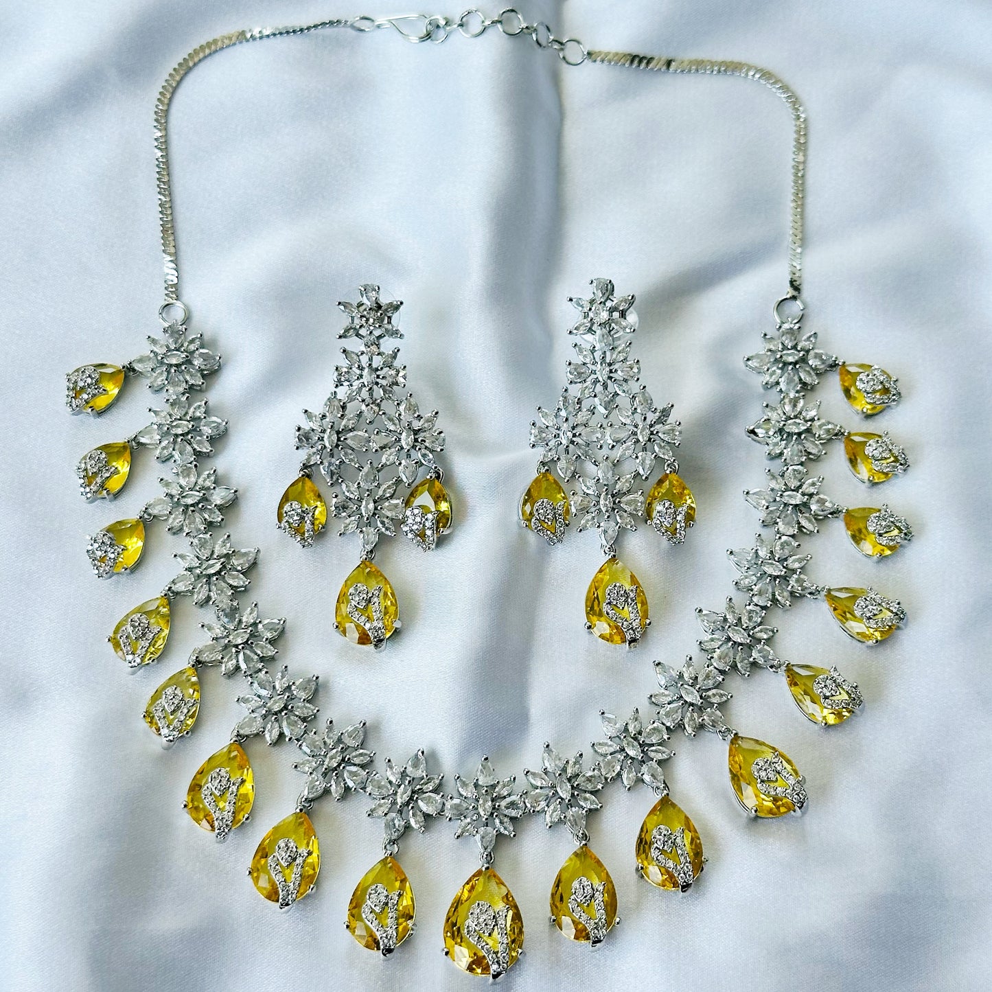 Yellow Topaz Cubic Zircon Stone American Diamond Silver Plated Necklace Set