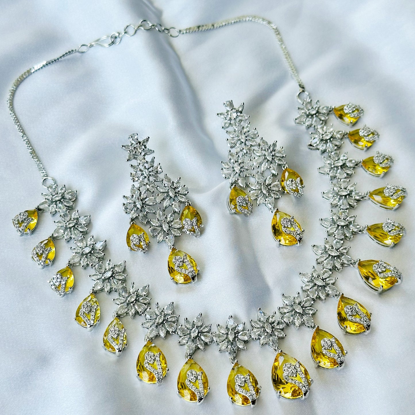 Yellow Topaz Cubic Zircon Stone American Diamond Silver Plated Necklace Set