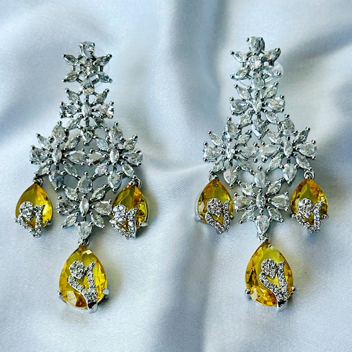 Yellow Topaz Cubic Zircon Stone American Diamond Silver Plated Necklace Set