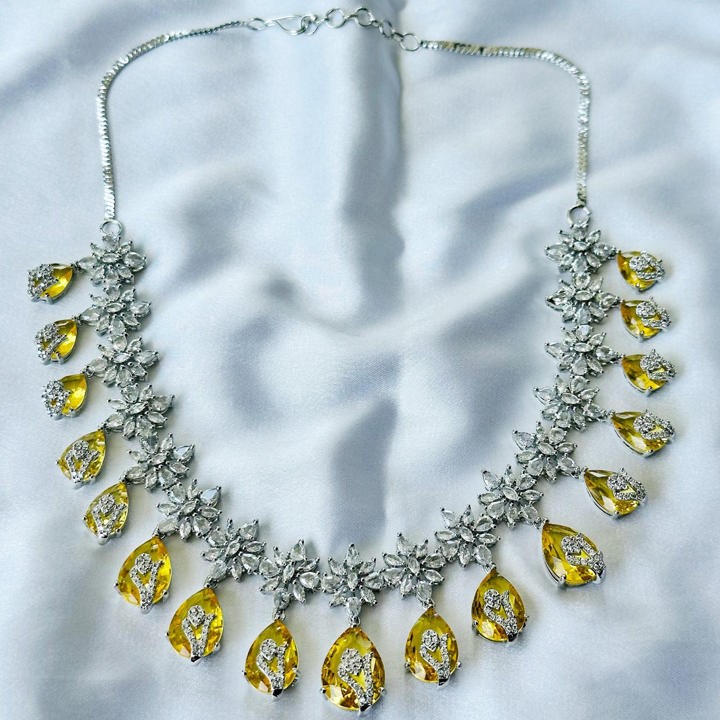 Yellow Topaz Cubic Zircon Stone American Diamond Silver Plated Necklace Set