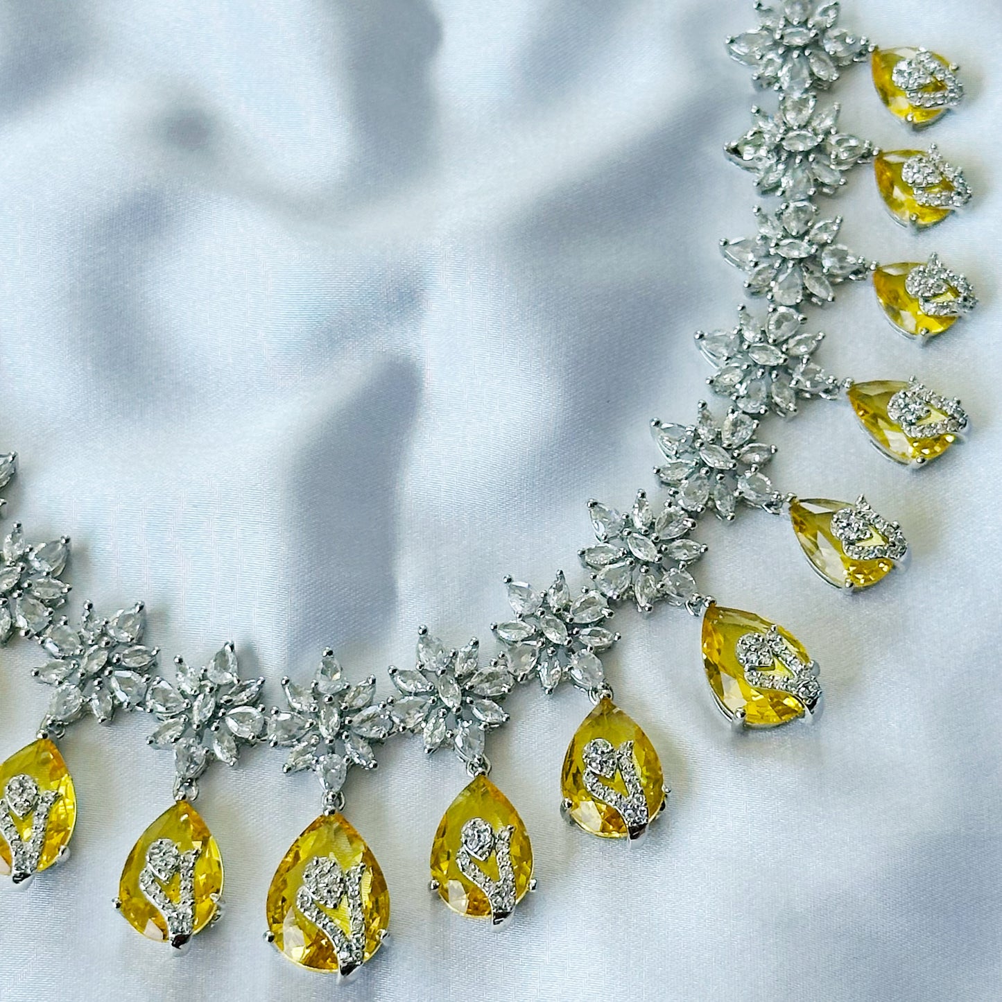 Yellow Topaz Cubic Zircon Stone American Diamond Silver Plated Necklace Set