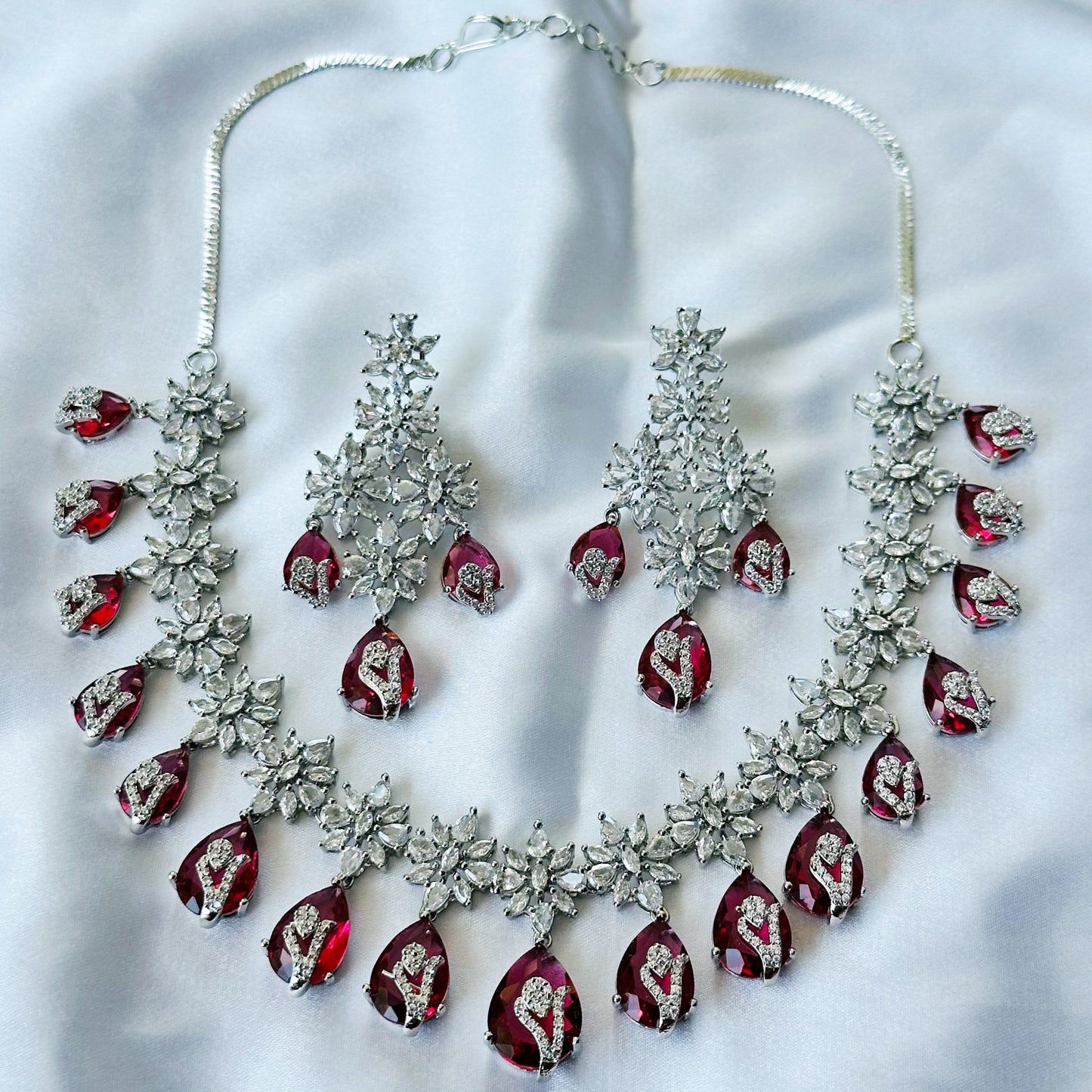 Red Ruby Cubic Zircon Stone American Diamond Silver Plated Necklace Set