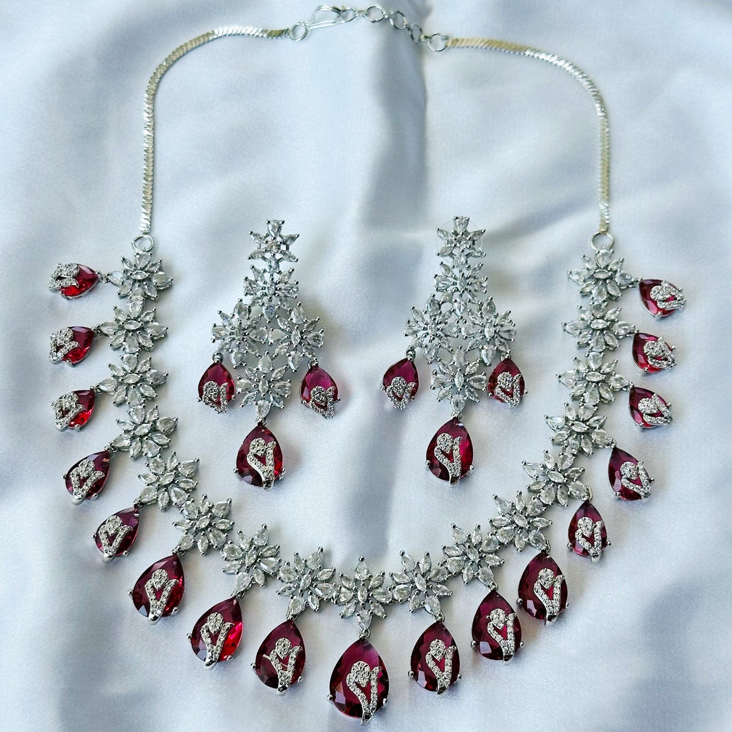 Red Ruby Cubic Zircon Stone American Diamond Silver Plated Necklace Set