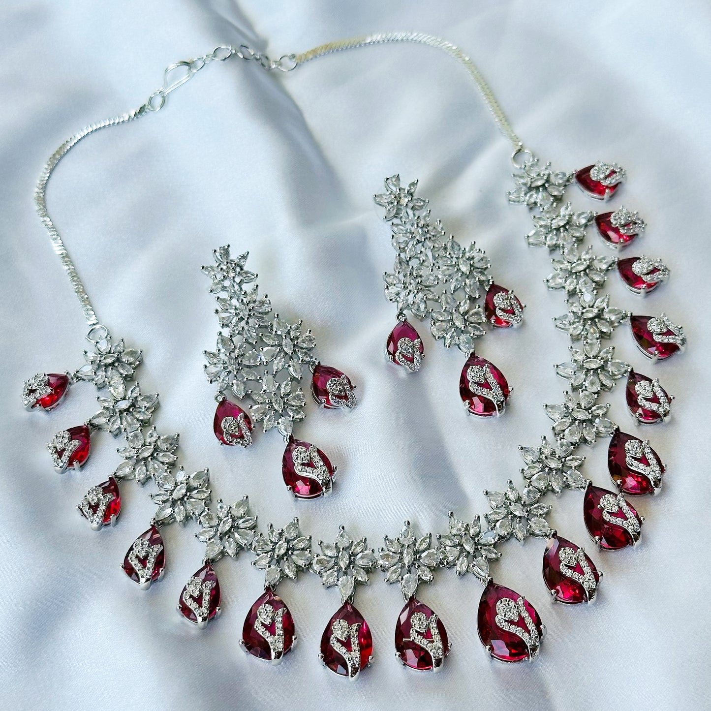 Red Ruby Cubic Zircon Stone American Diamond Silver Plated Necklace Set