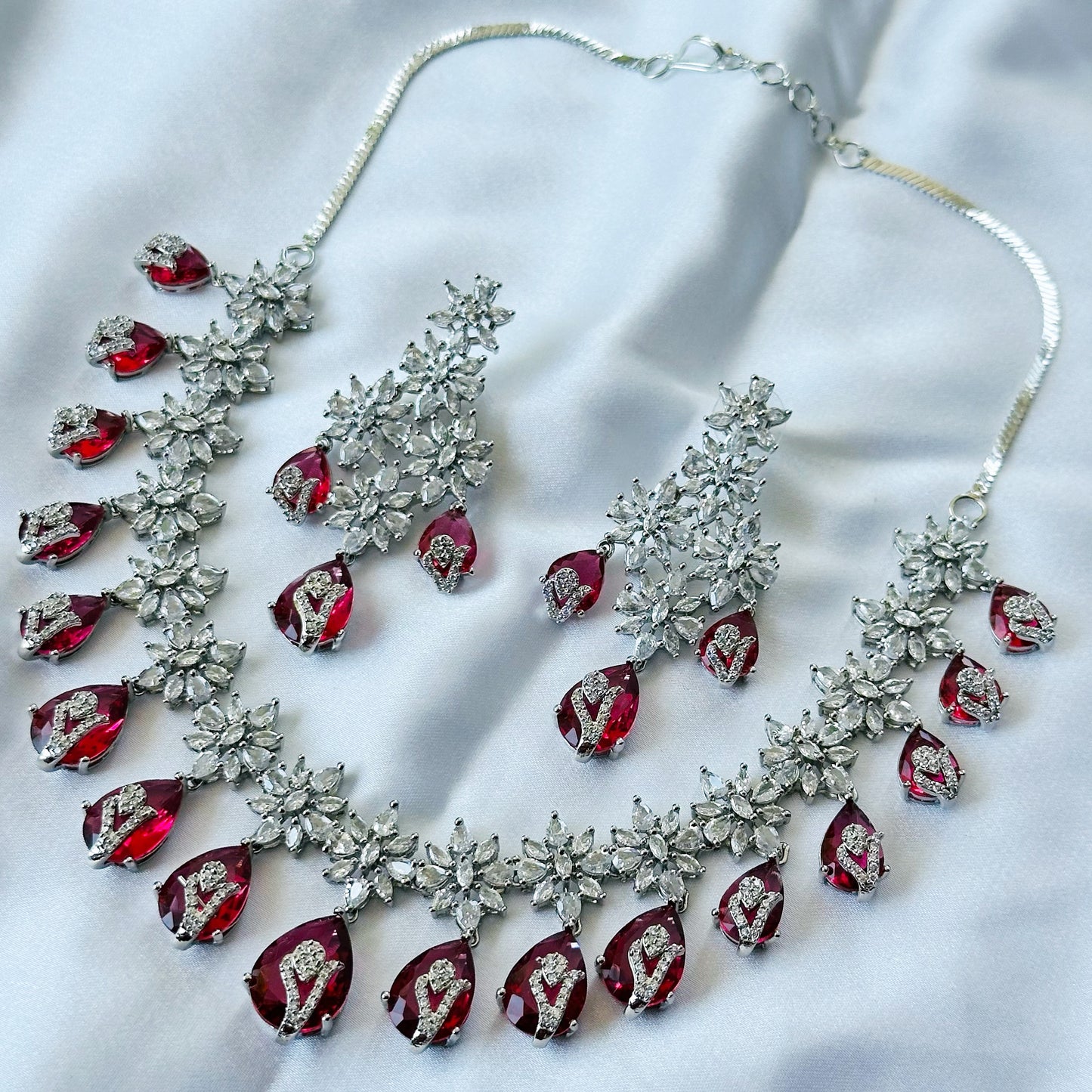 Red Ruby Cubic Zircon Stone American Diamond Silver Plated Necklace Set