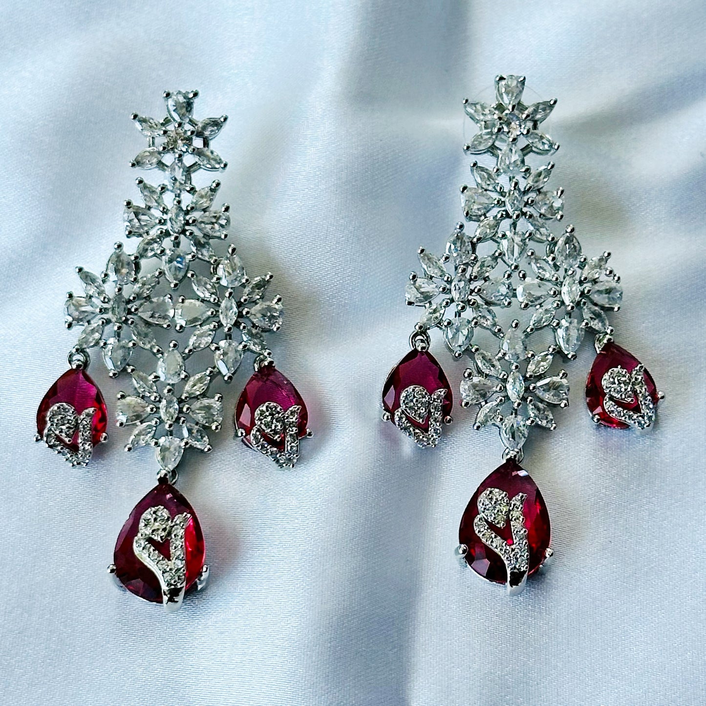 Red Ruby Cubic Zircon Stone American Diamond Silver Plated Necklace Set