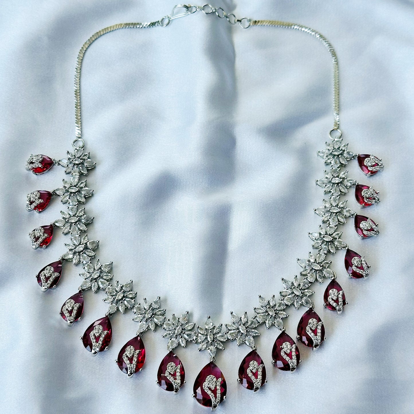 Red Ruby Cubic Zircon Stone American Diamond Silver Plated Necklace Set