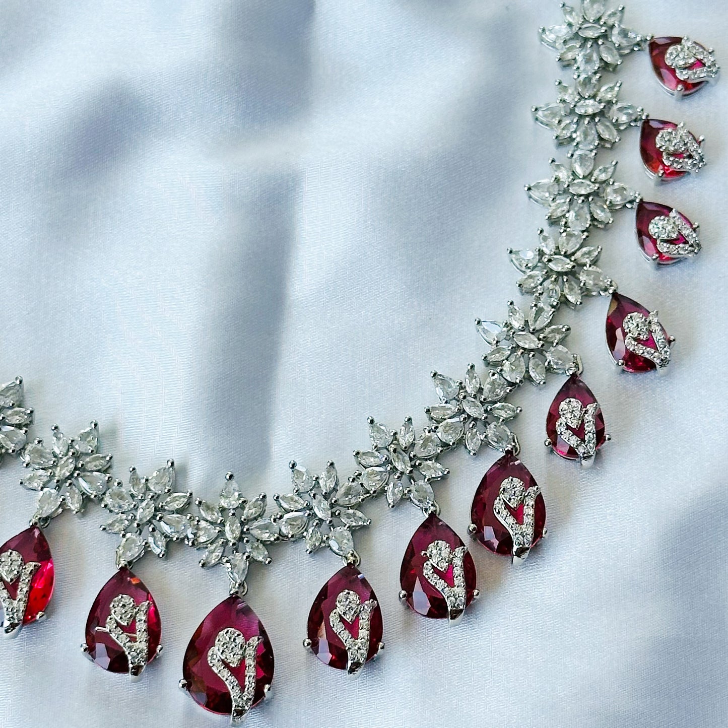 Red Ruby Cubic Zircon Stone American Diamond Silver Plated Necklace Set