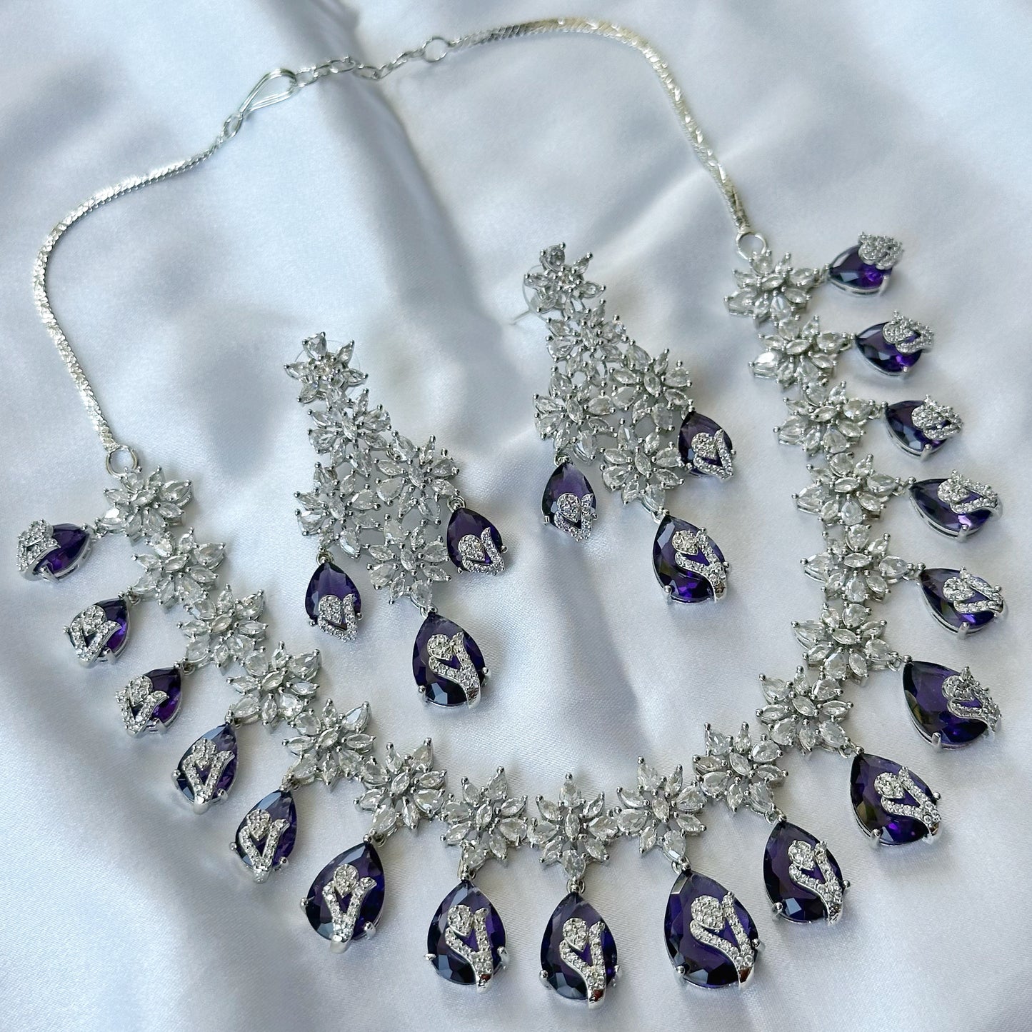 Deep Purple Amethyst Cubic Zircon Stone American Diamond Silver Plated Necklace Set