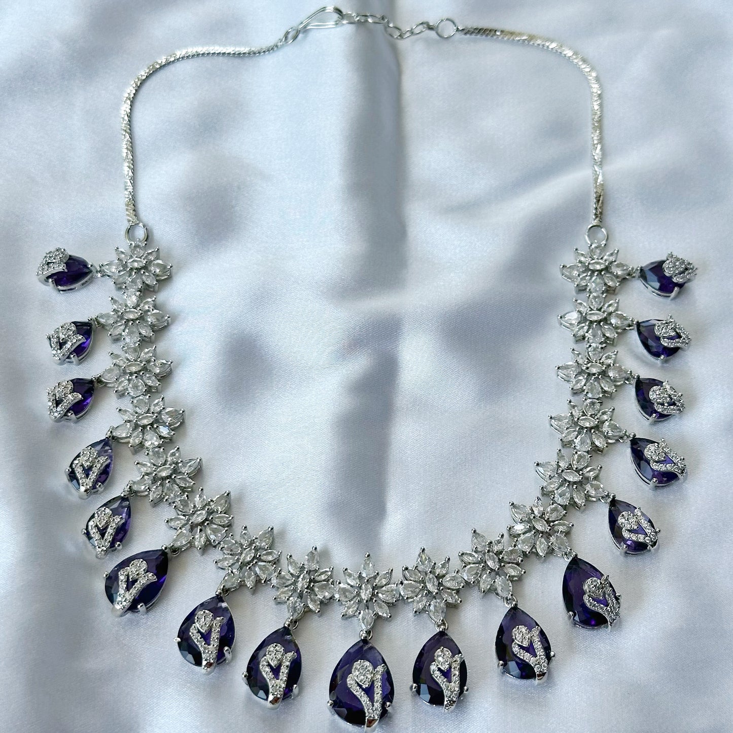 Deep Purple Amethyst Cubic Zircon Stone American Diamond Silver Plated Necklace Set