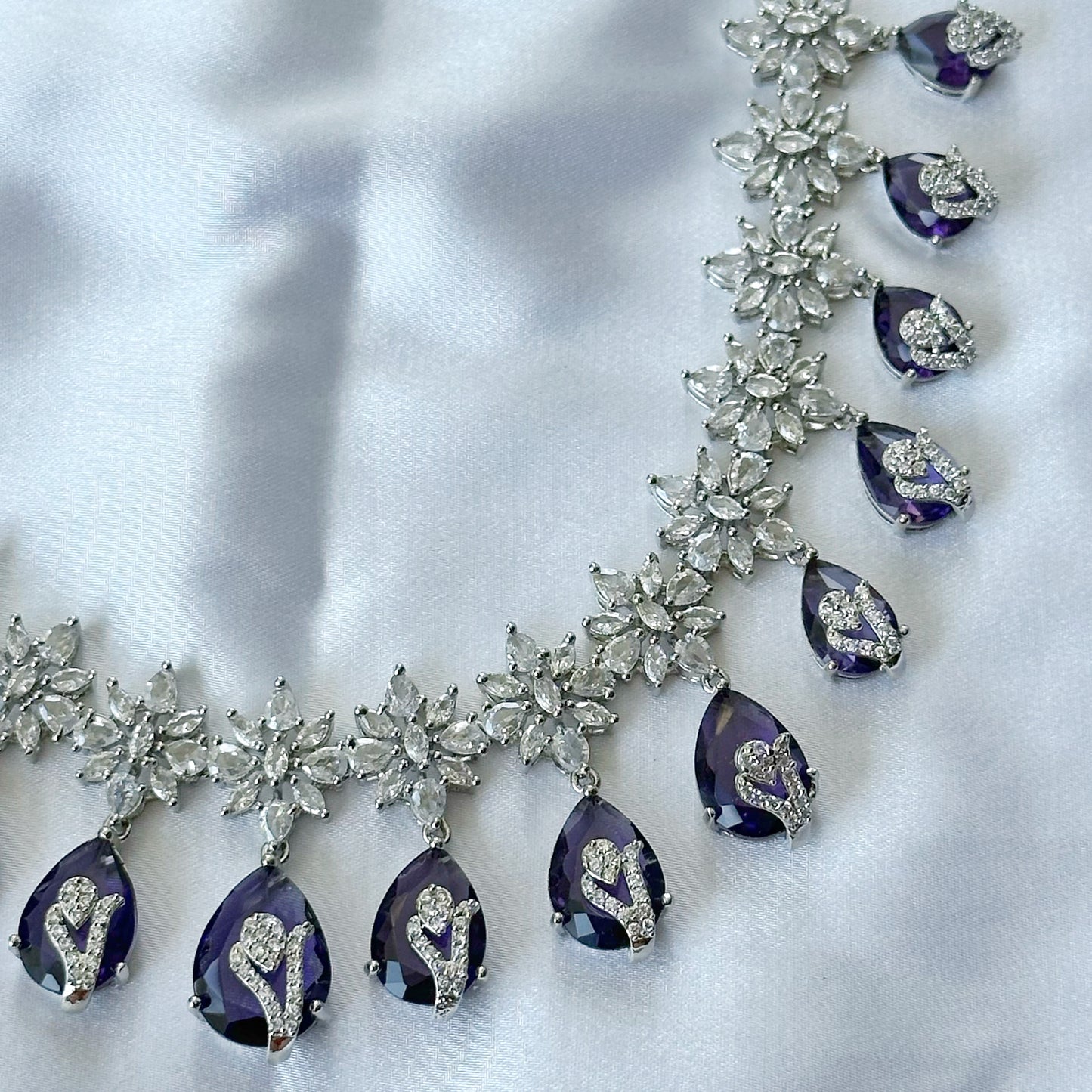 Deep Purple Amethyst Cubic Zircon Stone American Diamond Silver Plated Necklace Set