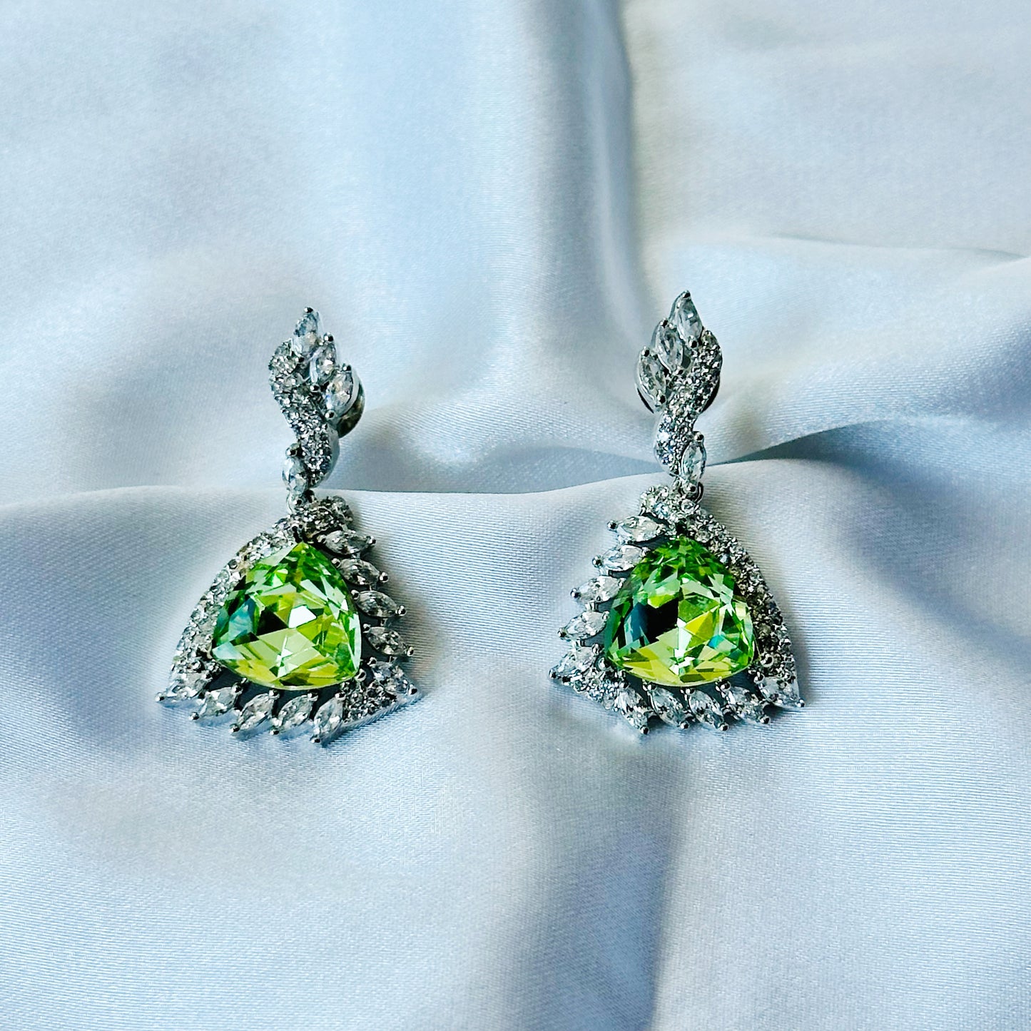 Green Peridot Swarovski Crystal American Diamond Silver Plated Earrings