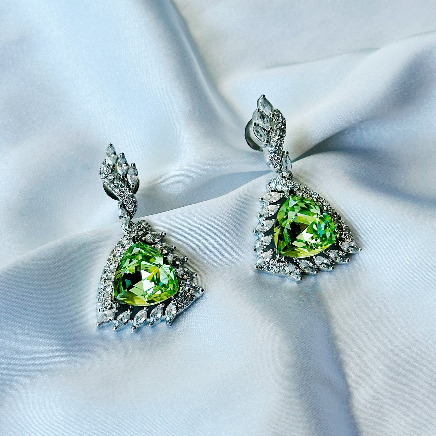 Green Peridot Swarovski Crystal American Diamond Silver Plated Earrings