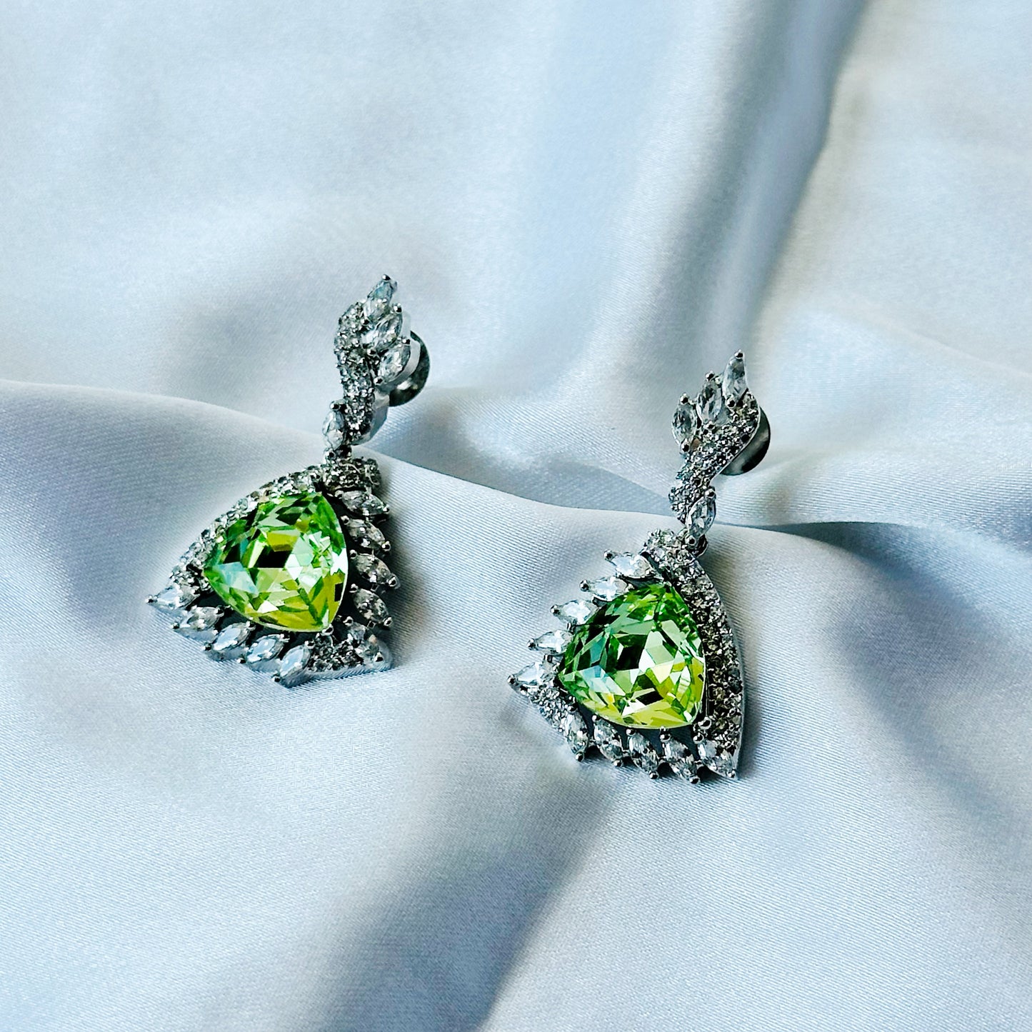 Green Peridot Swarovski Crystal American Diamond Silver Plated Earrings