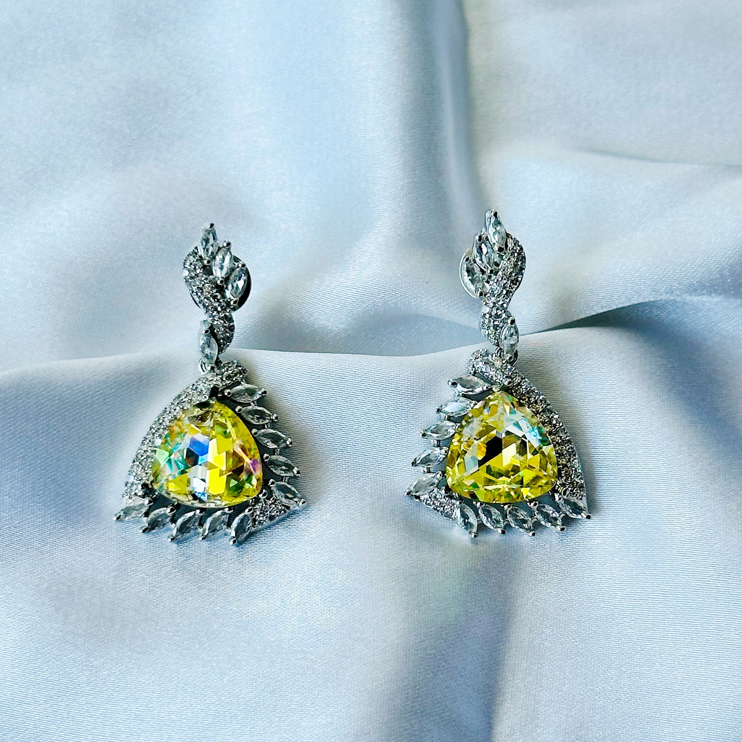 Lime Yellow Swarovski Crystal American Diamond Silver Plated Earrings