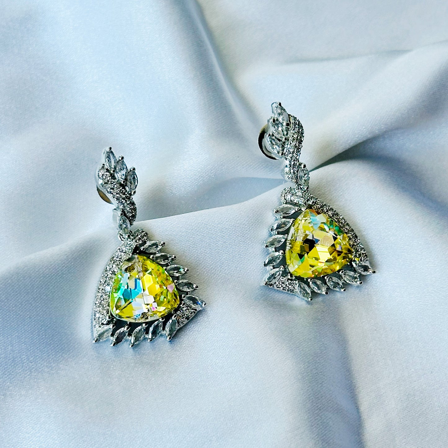 Lime Yellow Swarovski Crystal American Diamond Silver Plated Earrings
