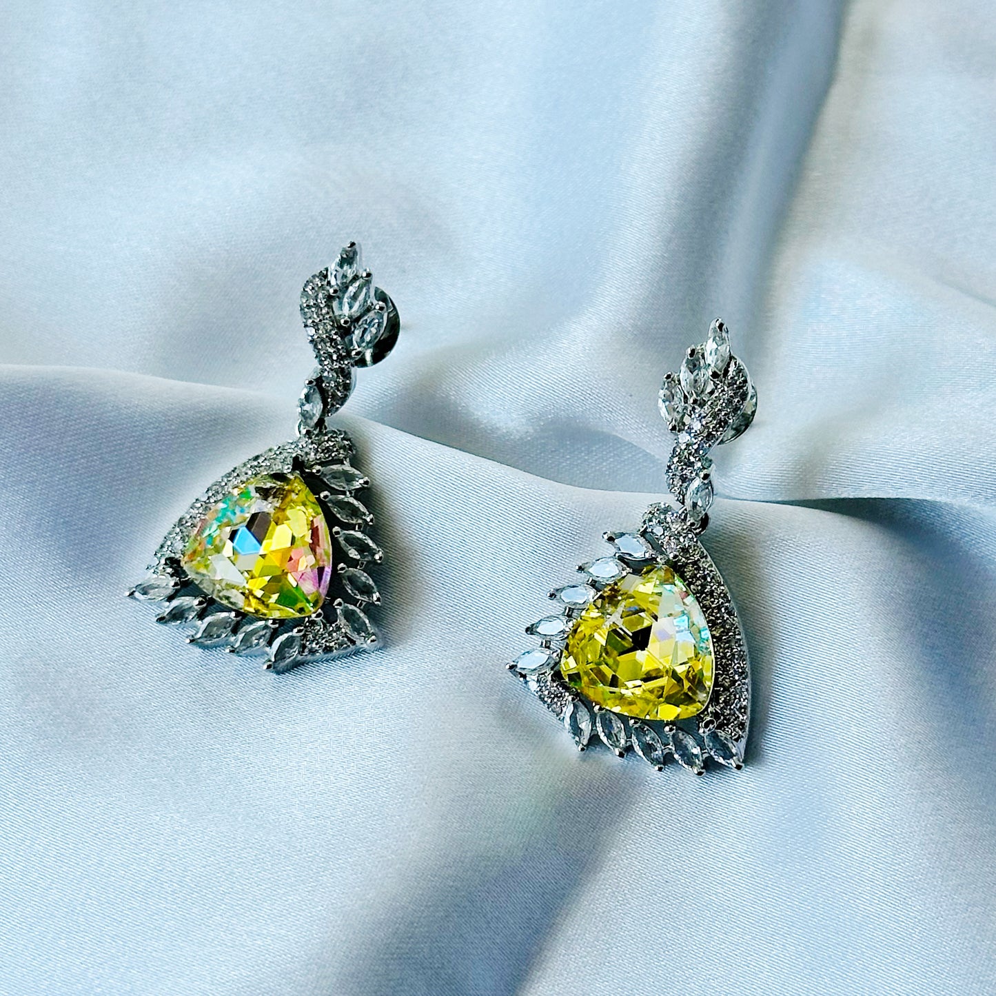 Lime Yellow Swarovski Crystal American Diamond Silver Plated Earrings