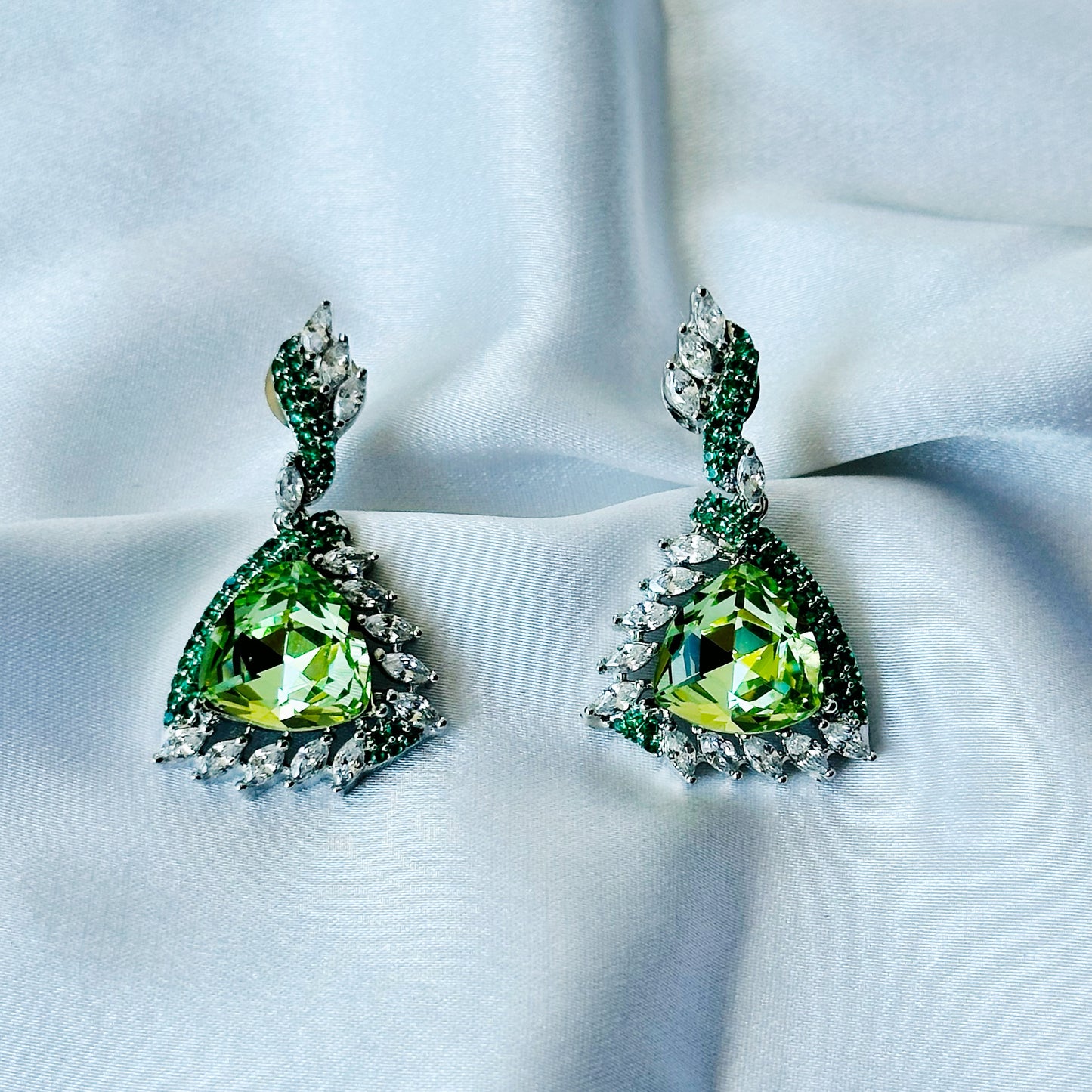 Green Peridot Swarovski Crystal & Green Emerald Cubic Zircon Dual Tone American Diamond Silver Plated Earrings