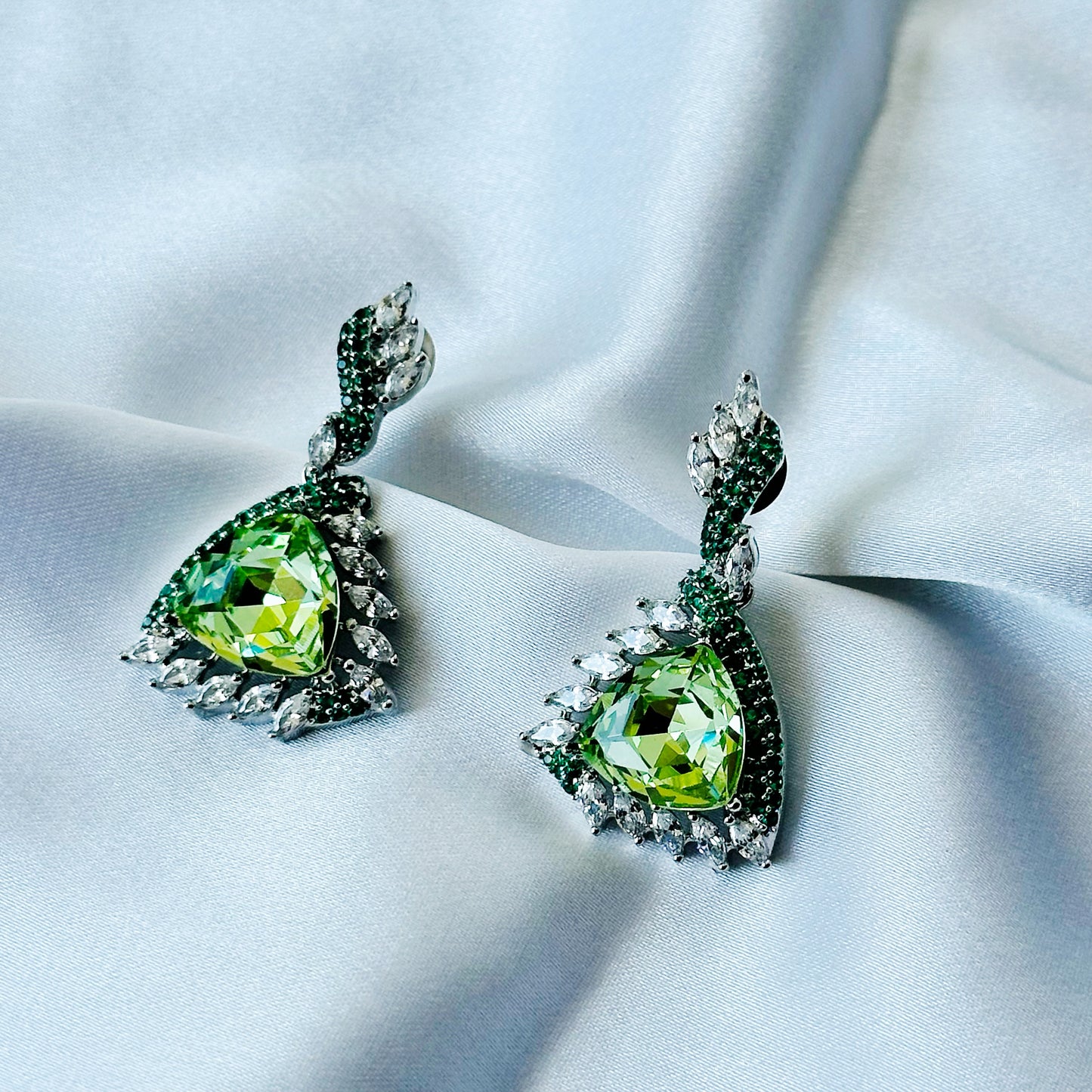Green Peridot Swarovski Crystal & Green Emerald Cubic Zircon Dual Tone American Diamond Silver Plated Earrings