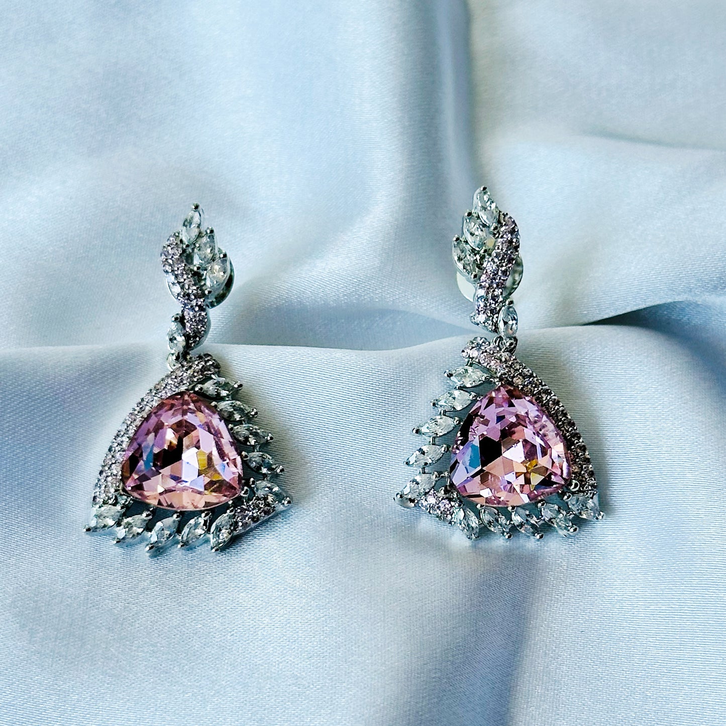 Light Rose Swarovski Crystal & Pink Topaz Cubic Zircon Dual Tone American Diamond Silver Plated Earrings