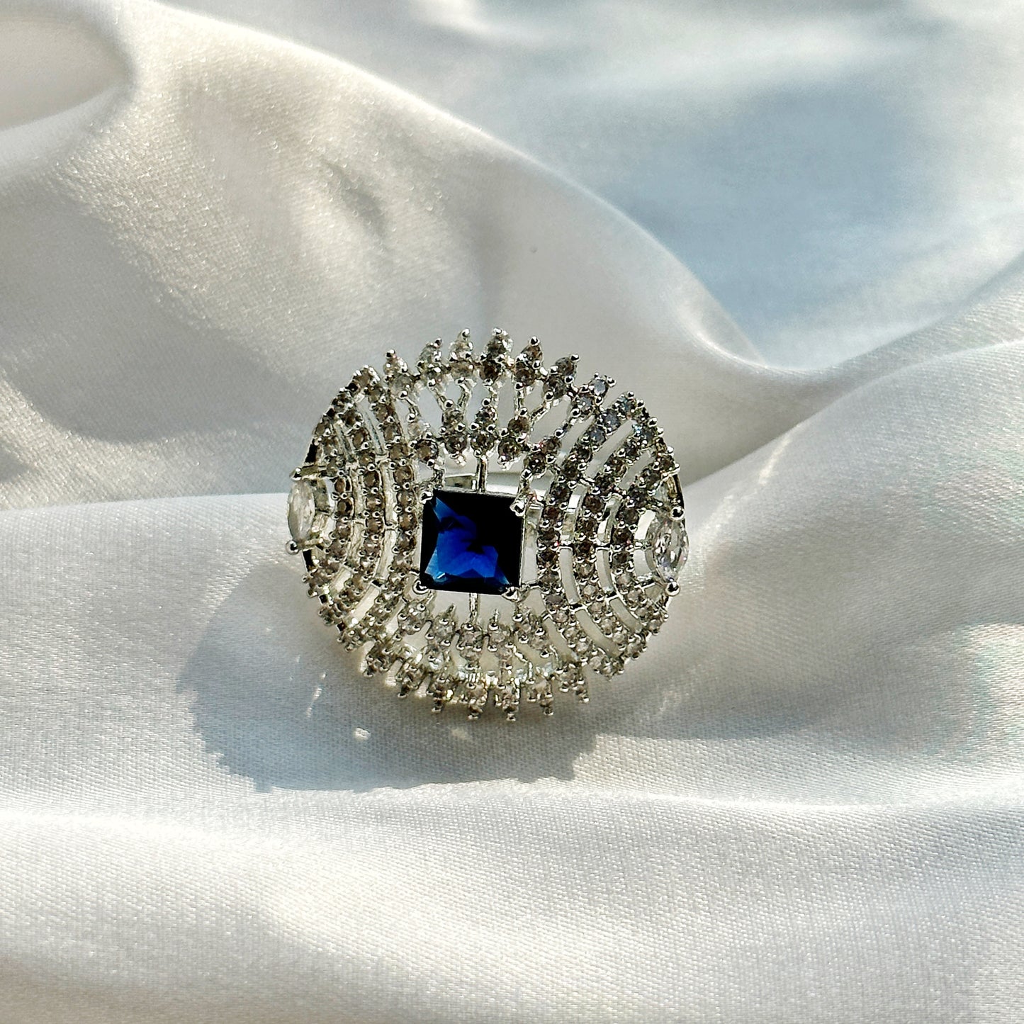 Blue Sapphire Cubic Zircon Stone American Diamond Silver Plated Adjustable Ring
