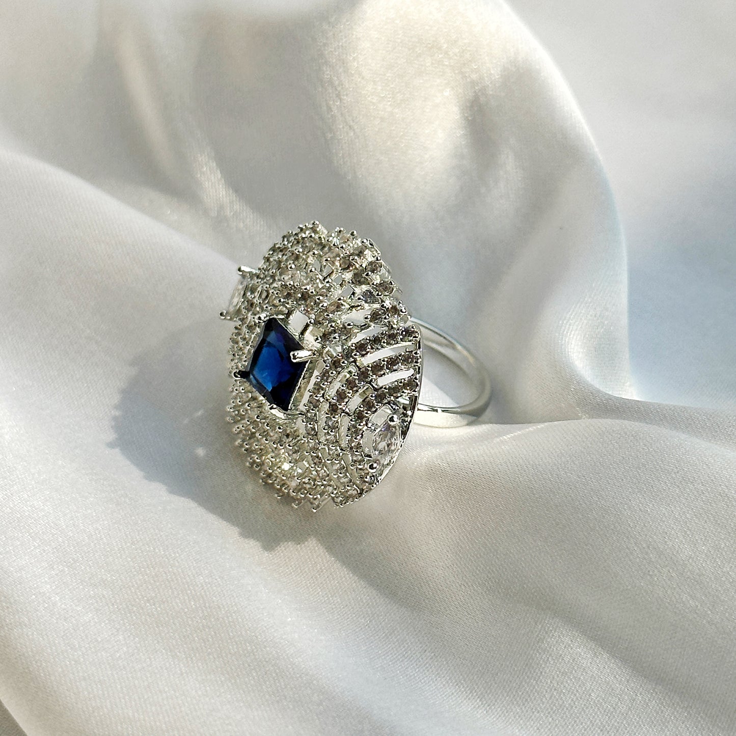 Blue Sapphire Cubic Zircon Stone American Diamond Silver Plated Adjustable Ring