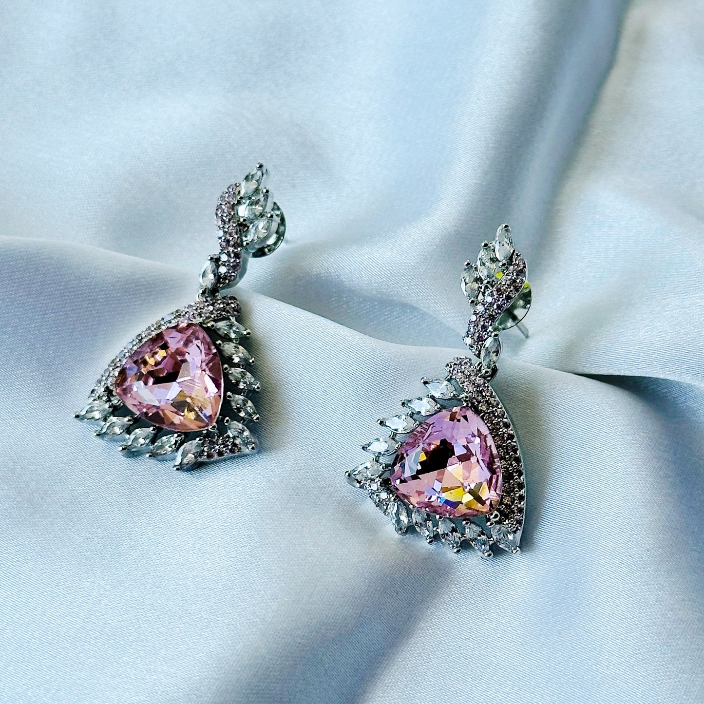 Light Rose Swarovski Crystal & Pink Topaz Cubic Zircon Dual Tone American Diamond Silver Plated Earrings