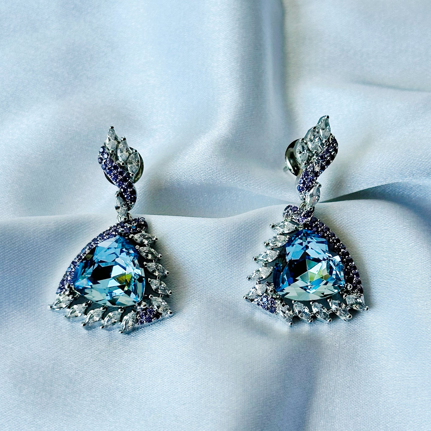 Indian Light Blue Sapphire Swarovski Crystal & Light Amethyst Cubic Zircon Dual Tone American Diamond Silver Plated Earrings