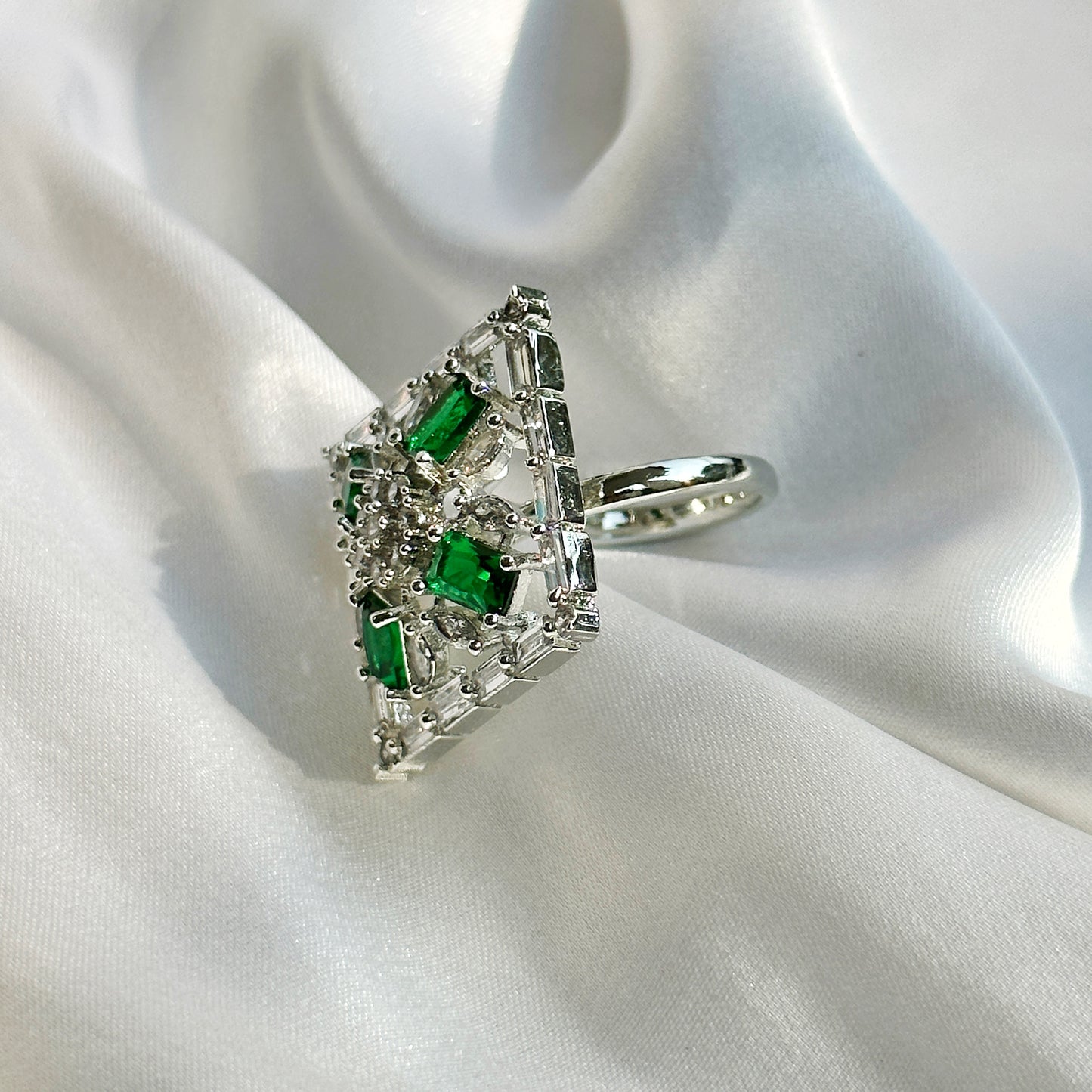 Green Emerald Cubic Zircon Stone American Diamond Silver Plated Adjustable Ring