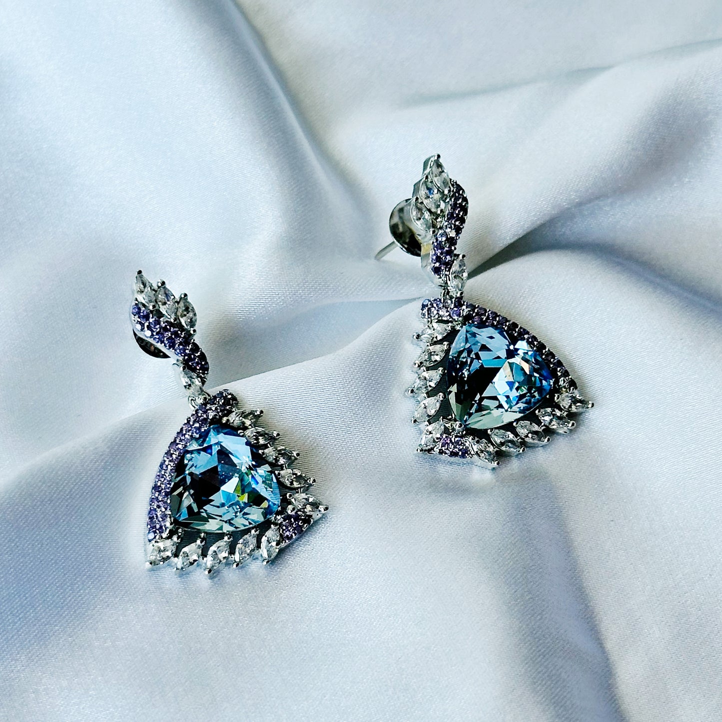 Indian Light Blue Sapphire Swarovski Crystal & Light Amethyst Cubic Zircon Dual Tone American Diamond Silver Plated Earrings