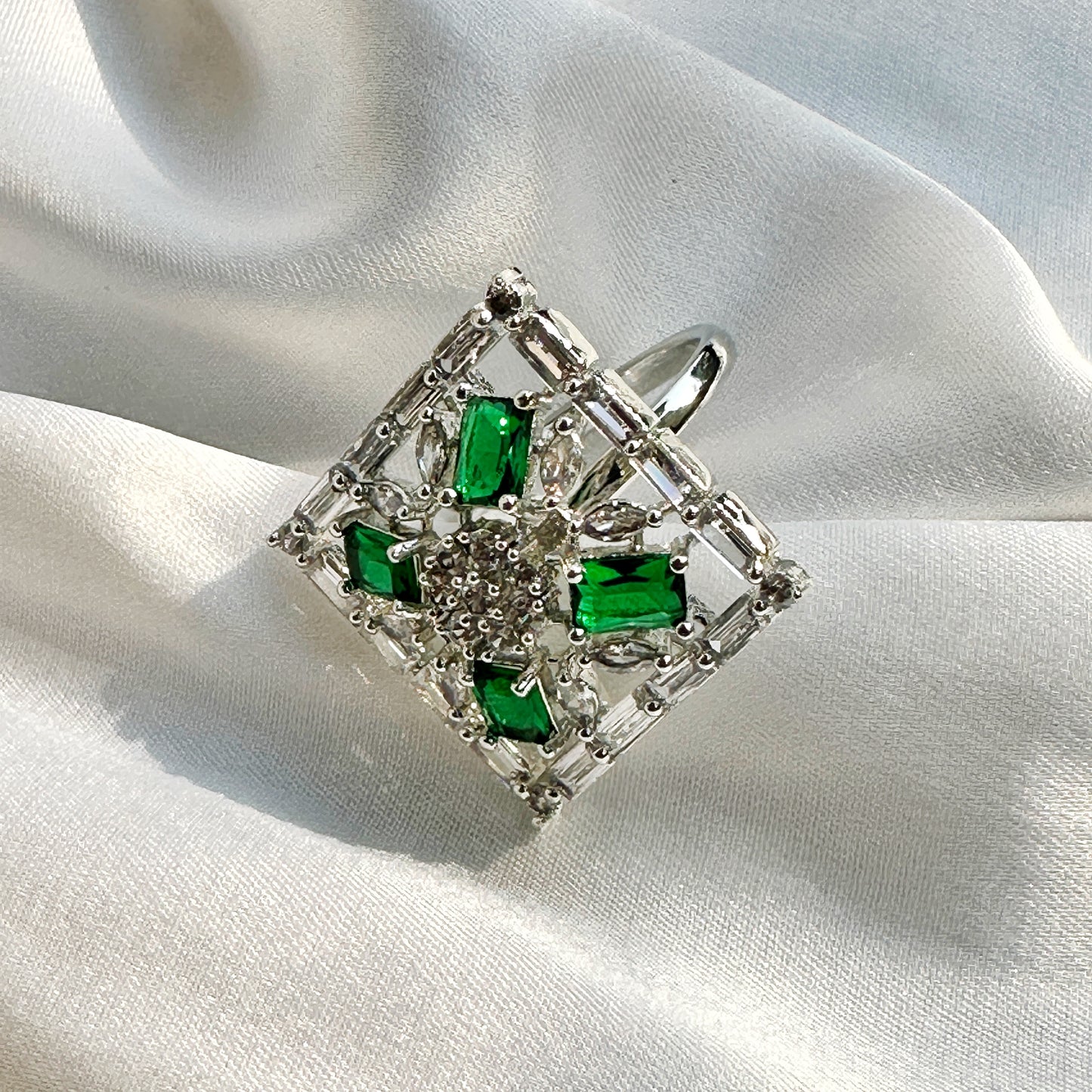 Green Emerald Cubic Zircon Stone American Diamond Silver Plated Adjustable Ring